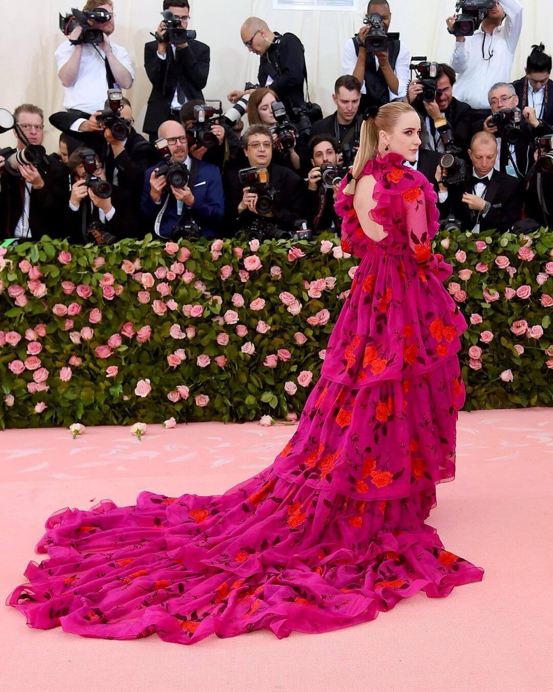 Rachel Brosnahan Met Gala Look In Pink Floral Water Fall Princess Dress