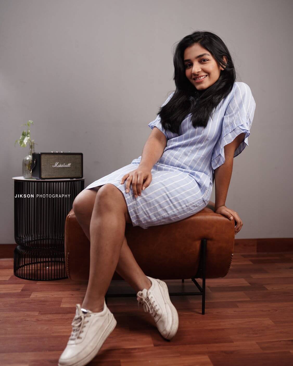 Rajisha Vijayan Easy Casual Look In Blue & White Stripe Short Dress Paired With White Sneakers