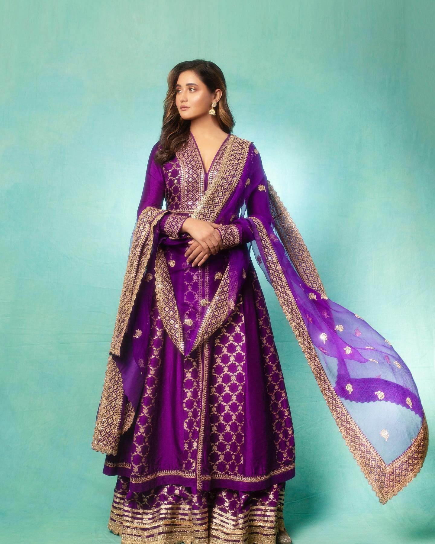 Rashami Desai Festive Ready Look In Gopi Vaid Design Purple Gotta Patti Sharara Set