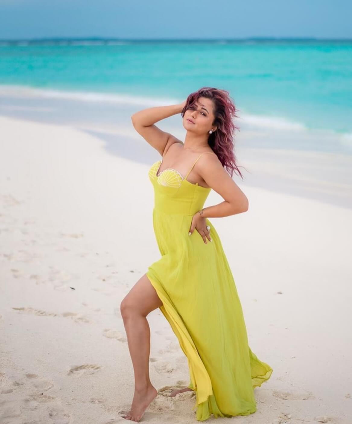 Rashami Desai Maldives Vacation Look In Yellow Noddle Strap Dress With Slit Cut