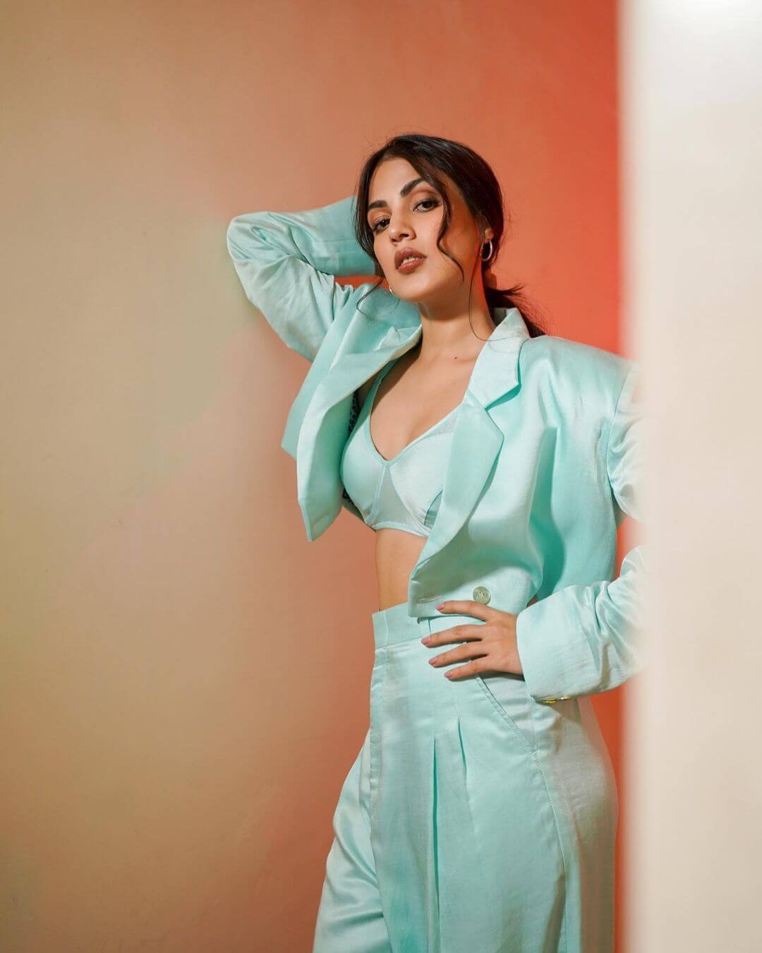 Rhea Chakraborty - Aqua Blue Outfit With a Cropped Blazer And Trousers