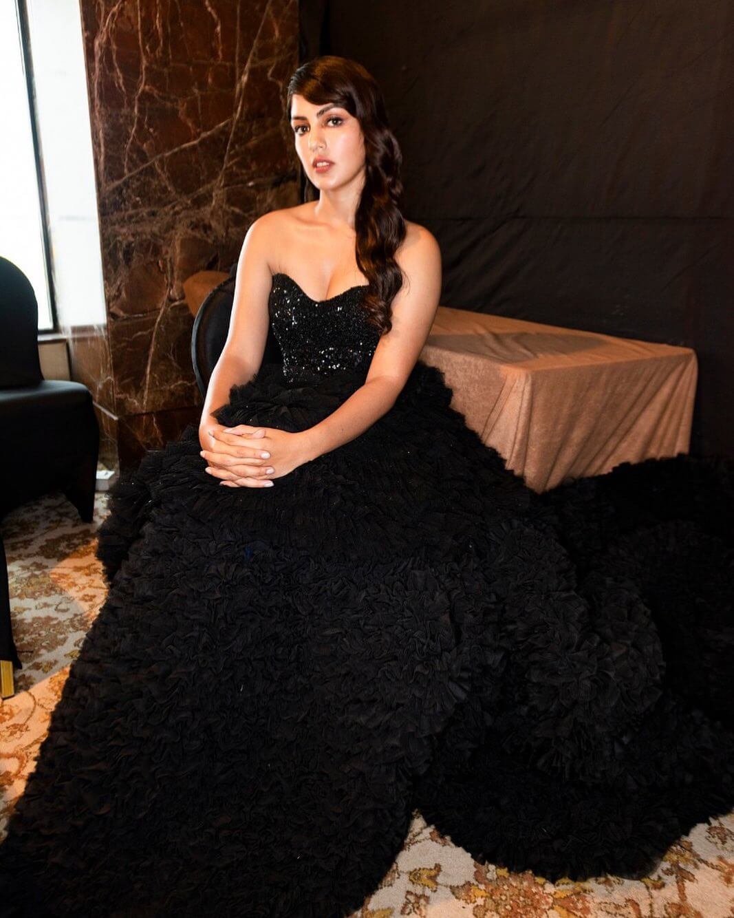 Rhea Chakraborty - Black Strapless Princess Trailed Gown