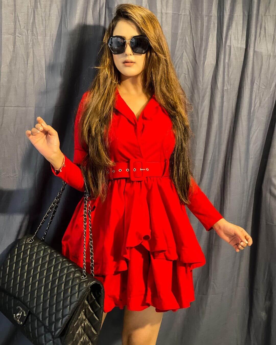 Riya Sharma Chic Look In  Red Short Fit & Flare Dress With Cool Shades