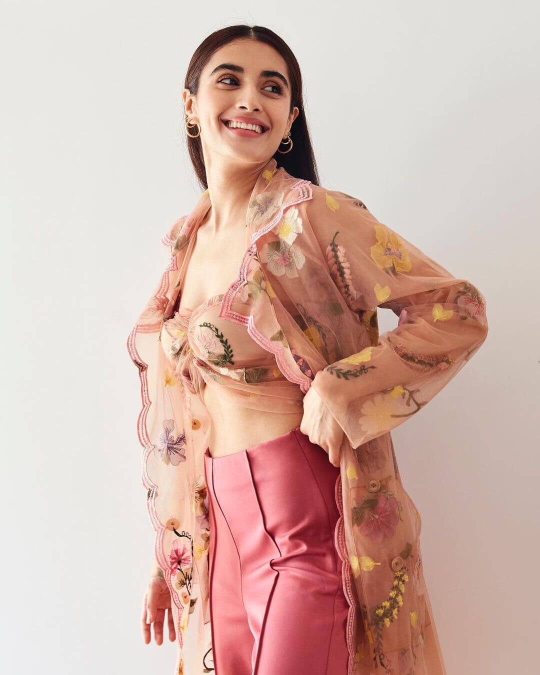 South Actress Divyansha Kaushik In Rose Pink Floral Print Corset With Trench Paired With Solid Pant