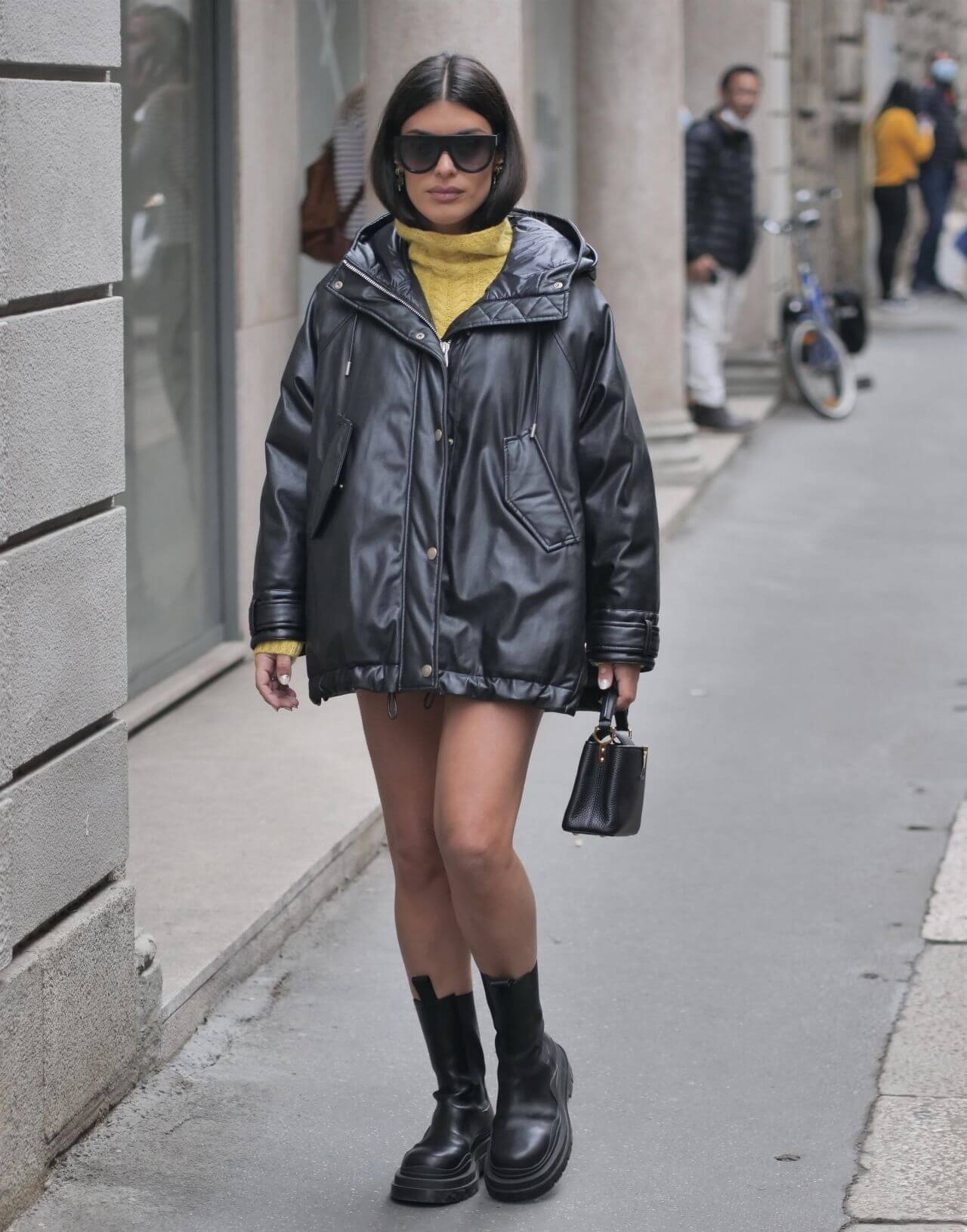 Aida Domenech –  Yellow High Neck & Leather Jacket - Ermanno Scervino Fashion Show in Milan