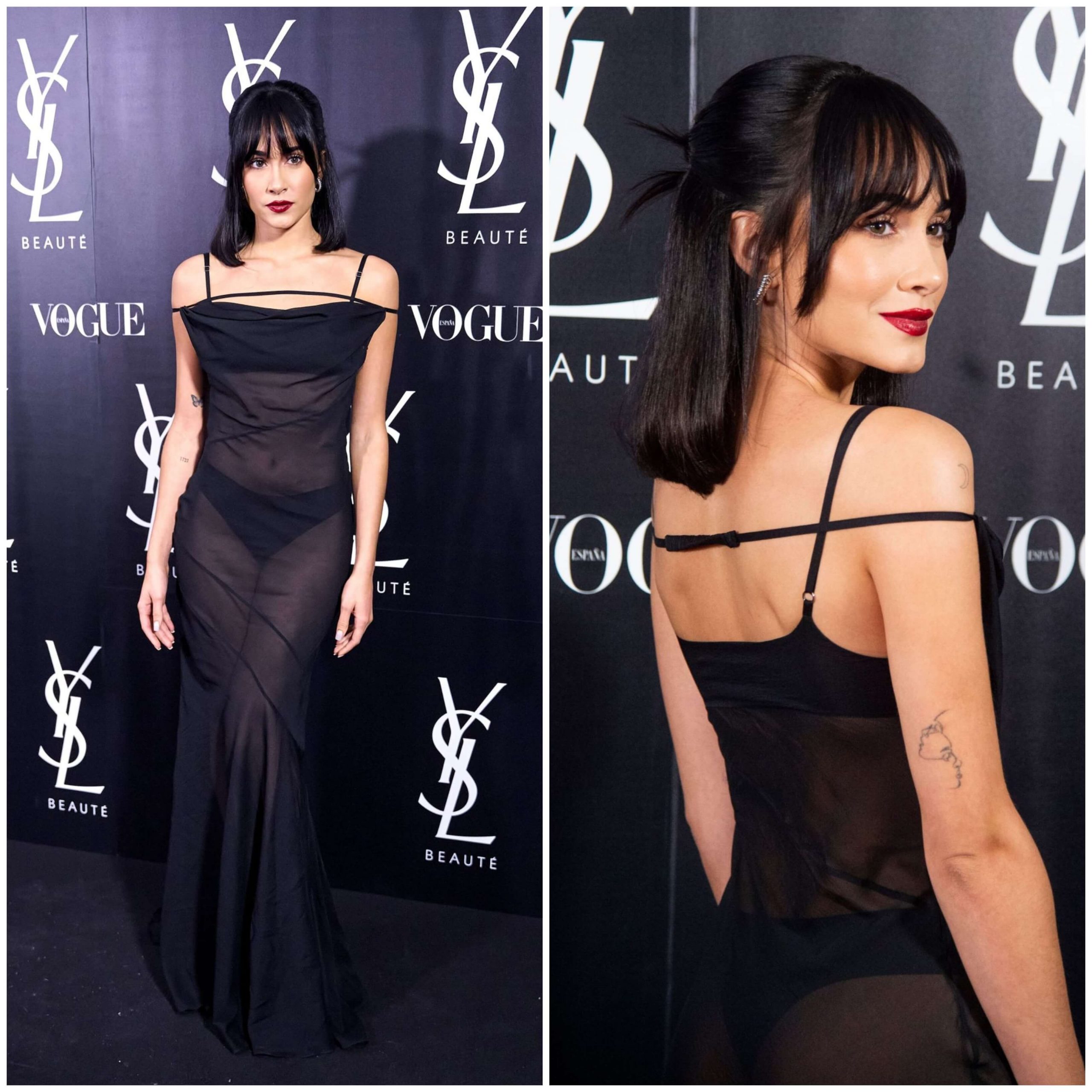 Aitana Ocana – In A Black Sheering Fish Cut Long Gown - Vogue and Yves Saint Laurent Christmas Party in Madrid