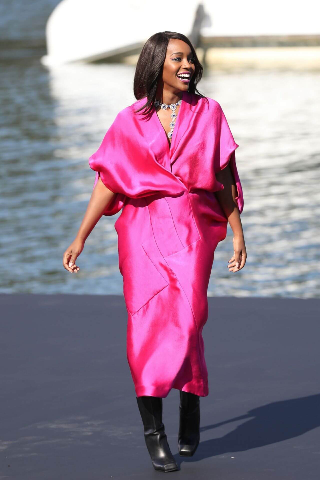 Aja Naomi King - Pink Wrapped Dress -  Walks L’Oreal Fashion Show in Paris
