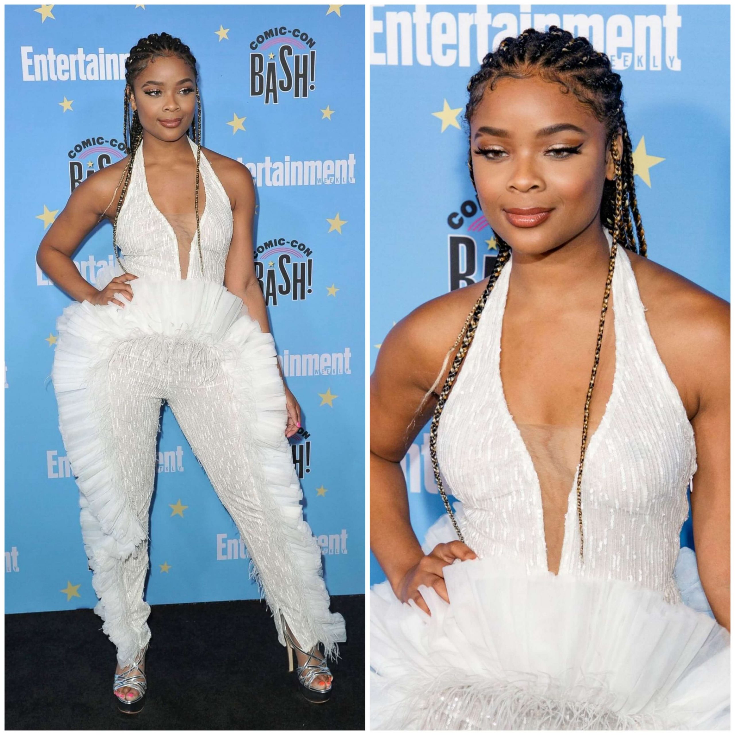 Ajiona Alexus – In White Halter Neck  Fur Dress - EW Comic-Con Party in San Diego