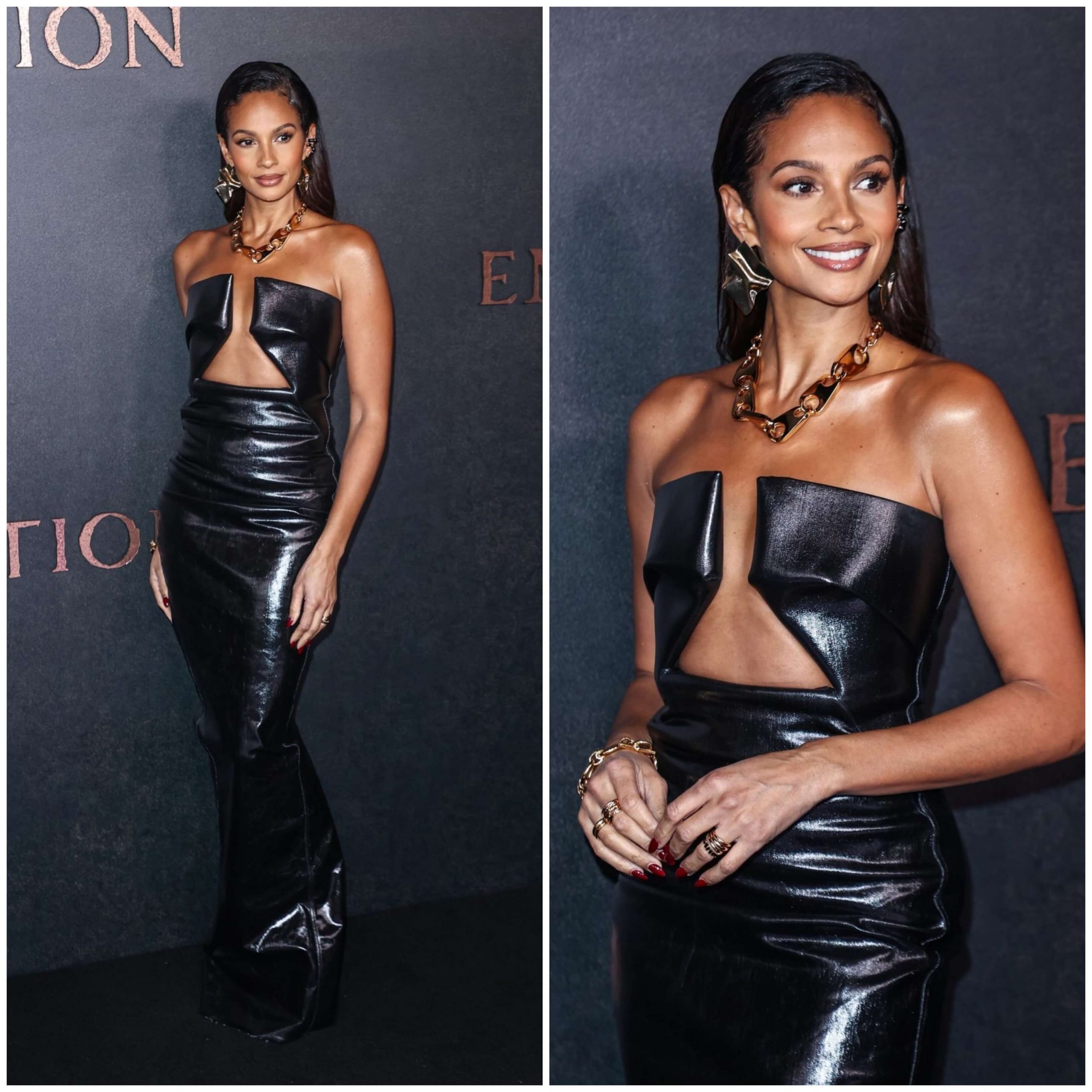 Alesha Dixon – Sexy In Off Shoulder Leather Long Dress - “Emancipation” Premiere in London