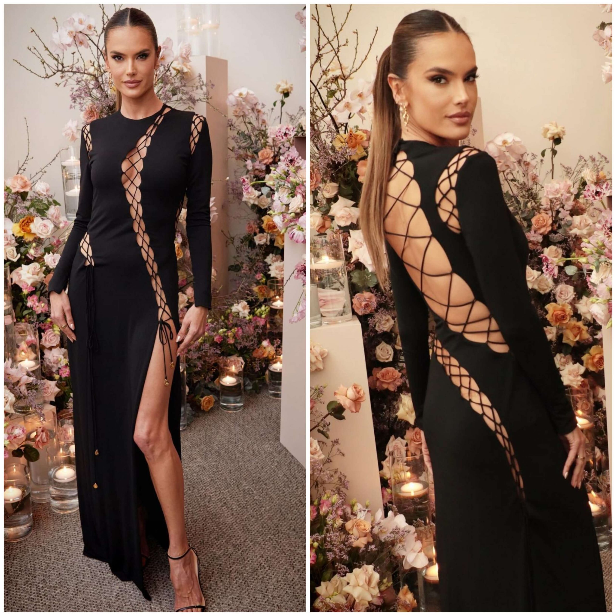 Alessandra Ambrosio  - In  Full Sleeves  Slit Cut Gown Outfit