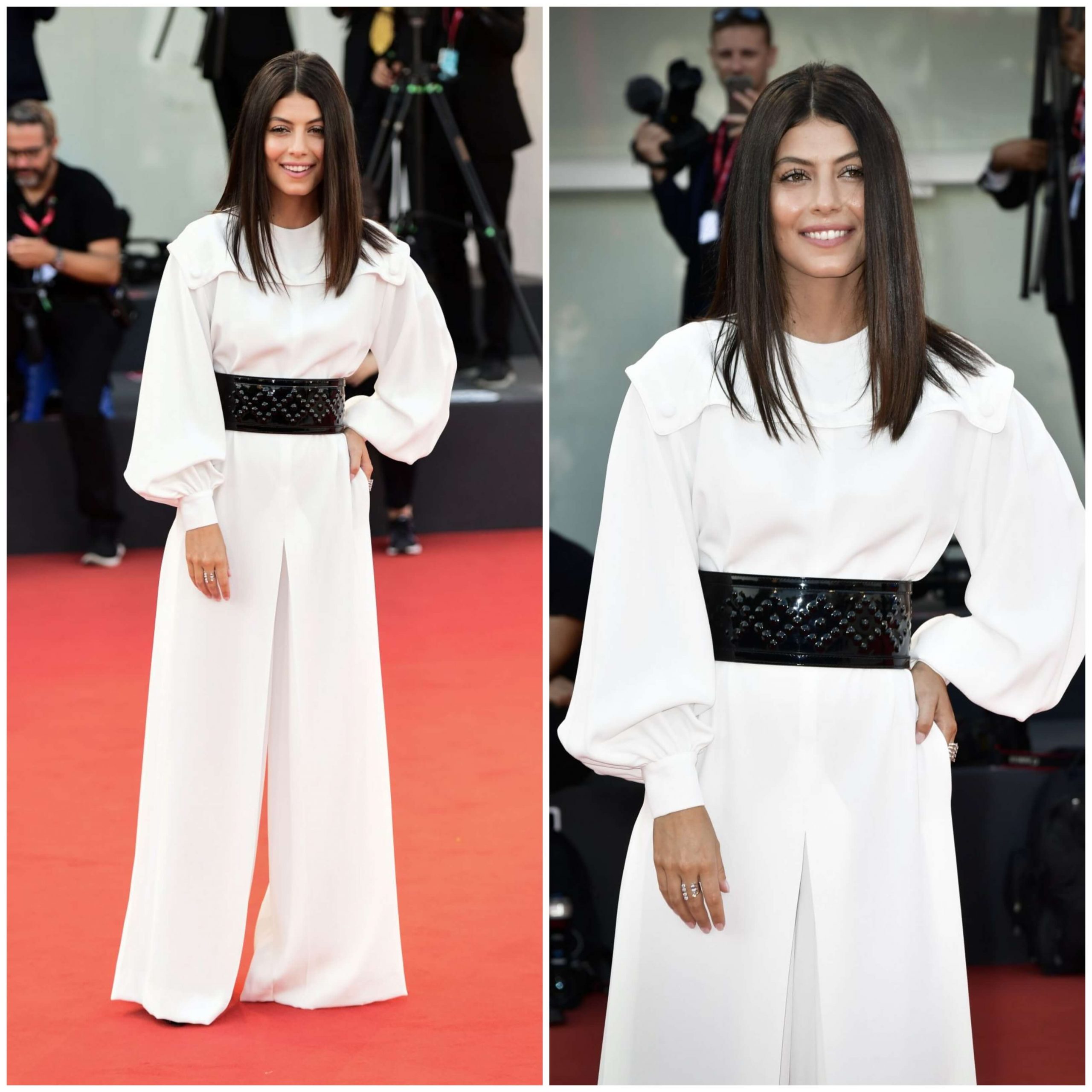 Alessandra Mastronardi –  In A White  Full Baggy Sleeves Long Jumpsuit  With Wide Waist Belt -  “The Laundromat” Premiere at the 76th Venice Film Festival