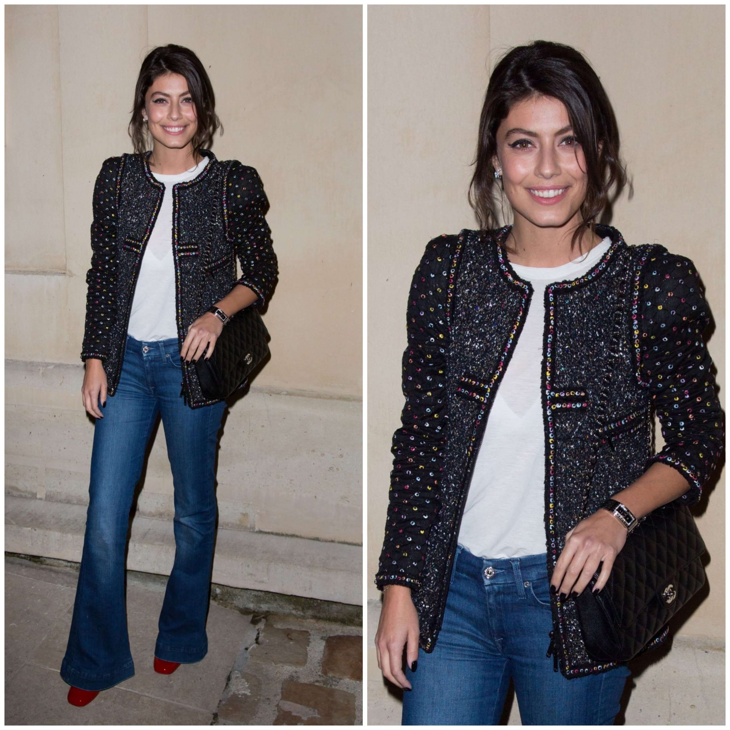 Alessandra Mastronardi – White Top & Blue Jeans With Printed Puffy Sleeves Shrug -  Chanel “Code Coco” Watch Launch Party in Paris