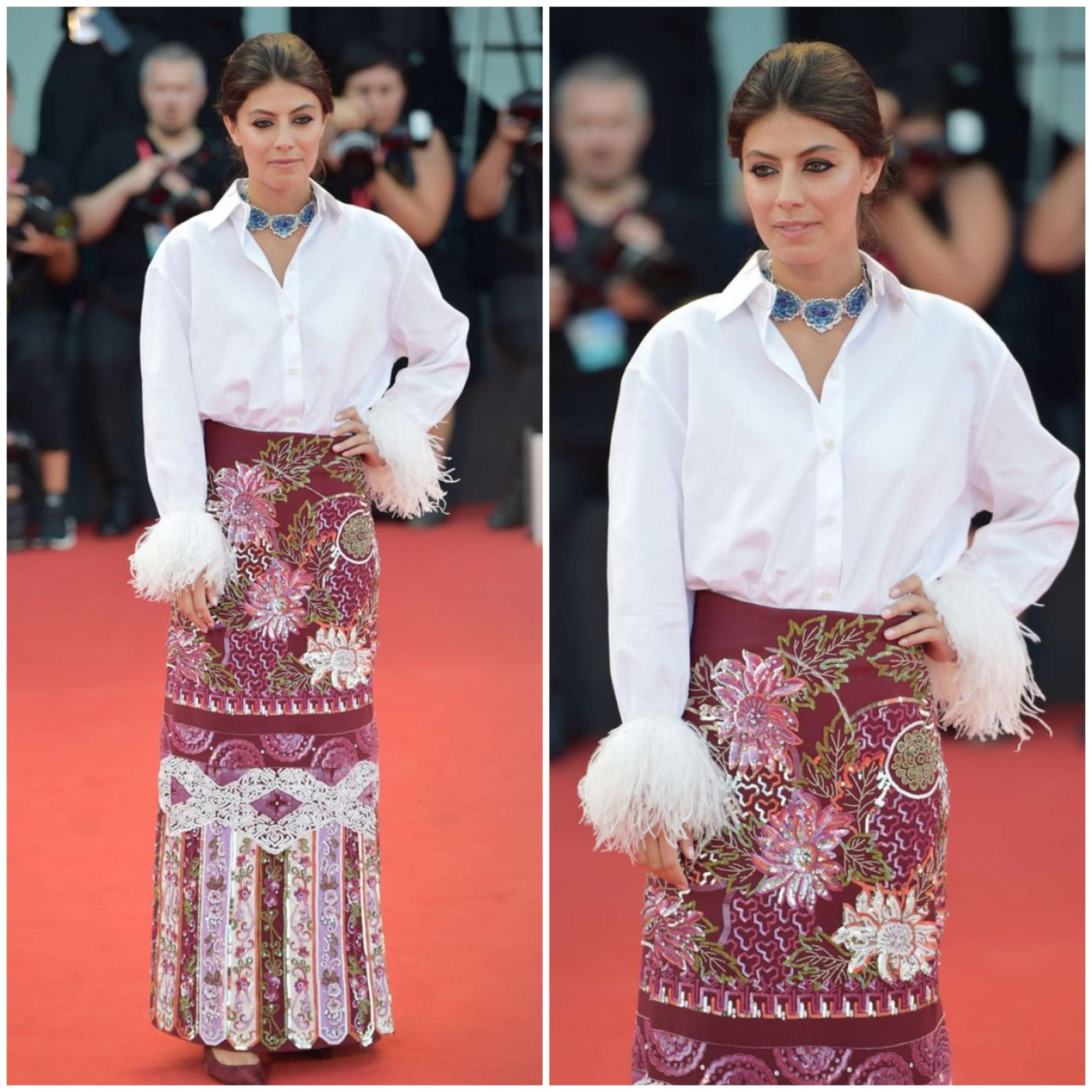 Alessandra Mastronardi on Red Carpet –  In A White Fur Sleeves Shirt & Printed Long Skirt - “Joker” Screening at the 76th Venice Film Festival