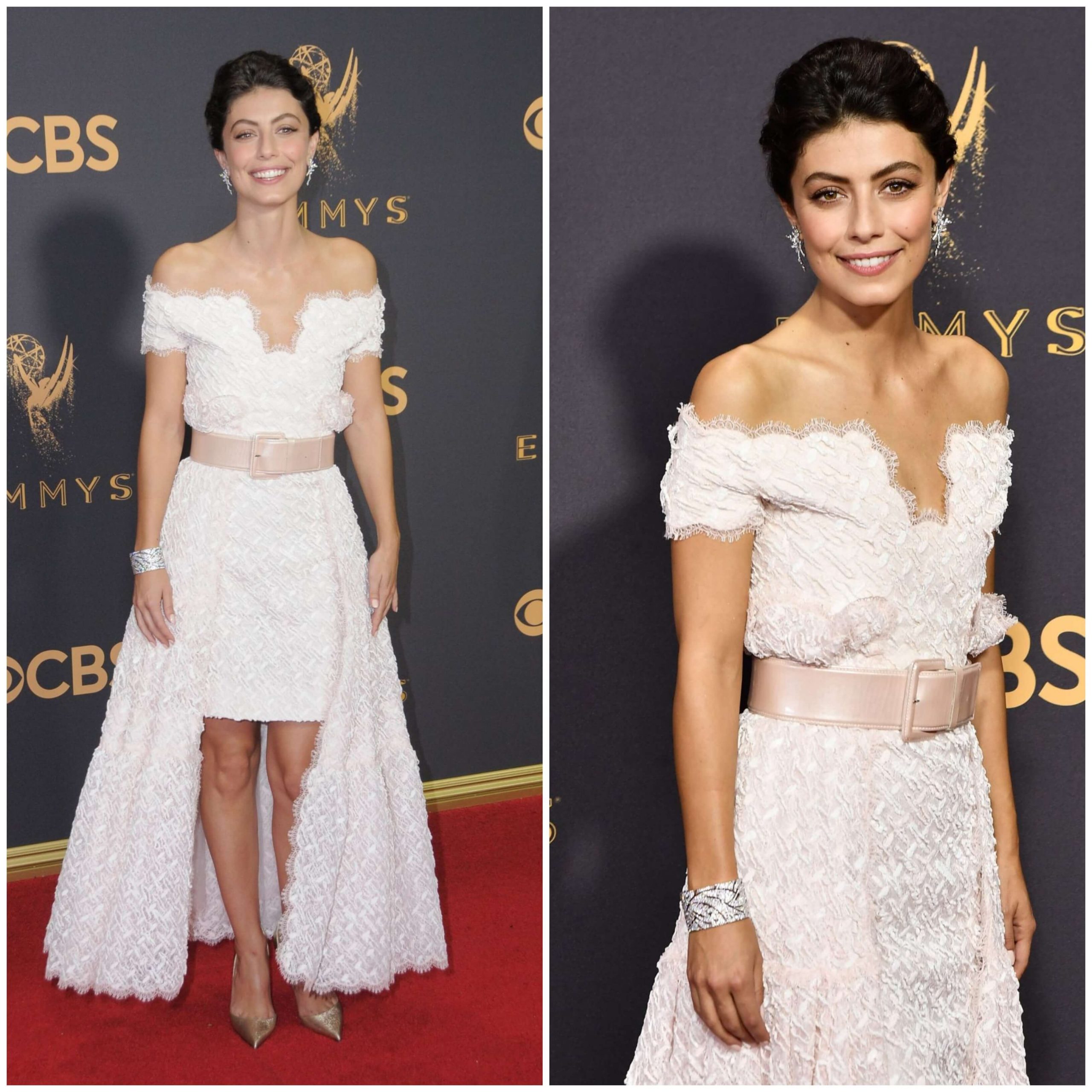 Alessandra Mastronardi – In A White Off-Shoulder Short Gown -  Emmy Awards in Los Angeles