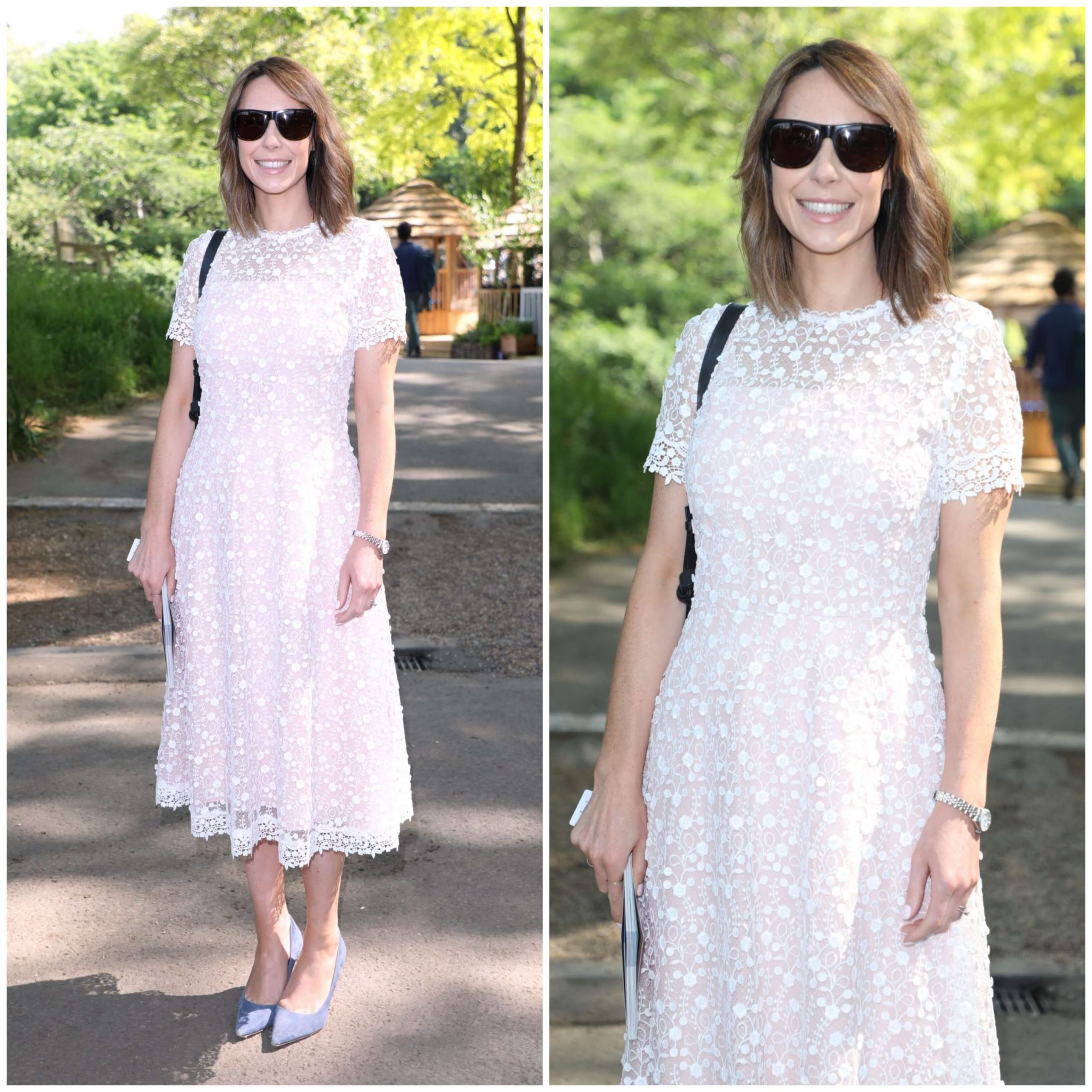 Alex Jones –In White Half Sleeves Short Gown Dress With Black Cool Shades -  Chelsea Flower Show in London