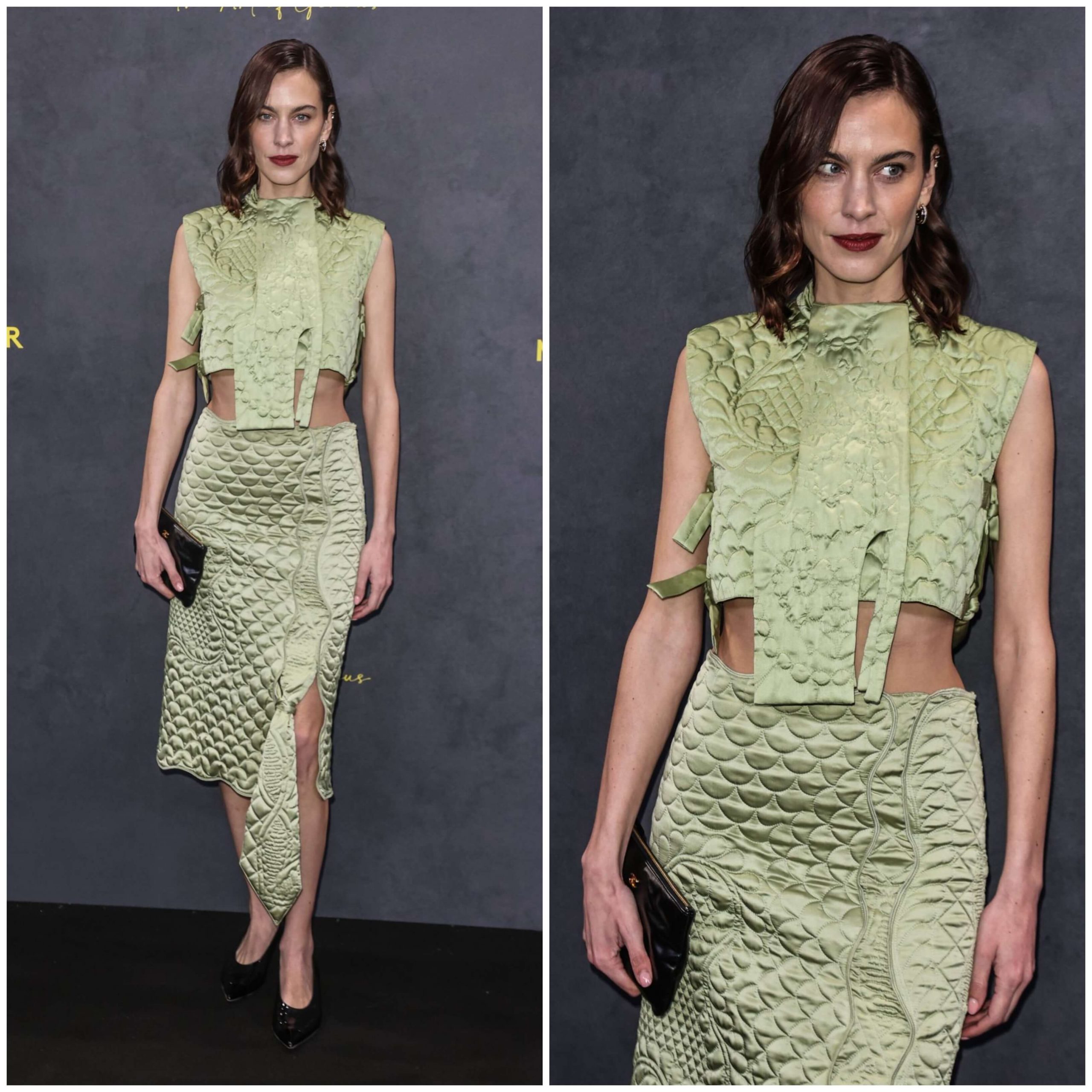 Alexa Chung wears a hot green color skirt outfit In London