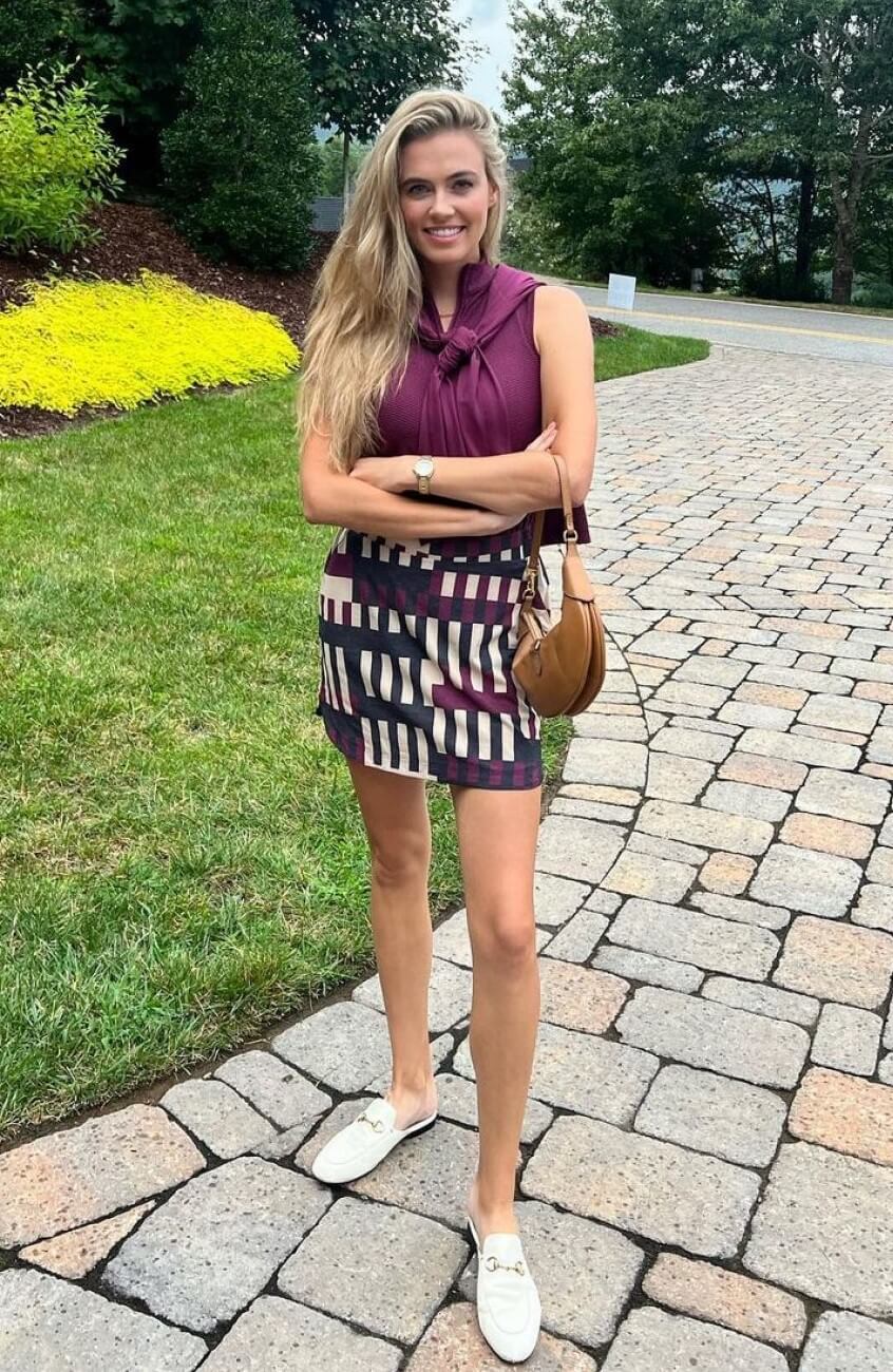 Alexandra O’Laughlin hot looking purple crop top with mini skirt outfit