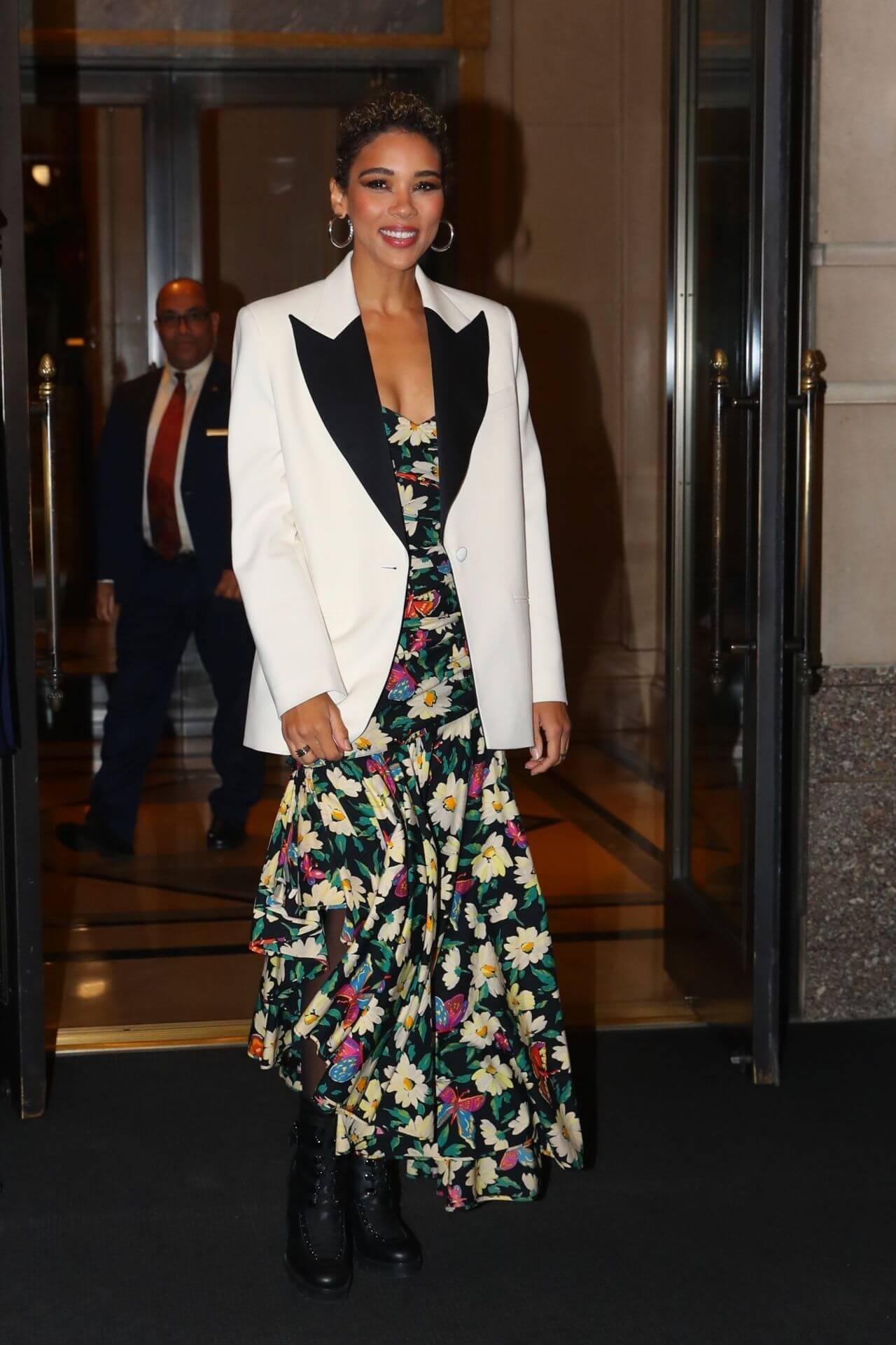 Alexandra Shipp in a Floral Print Dress and a White Blazer – “Tick, Tick… Boom!” Event in NY