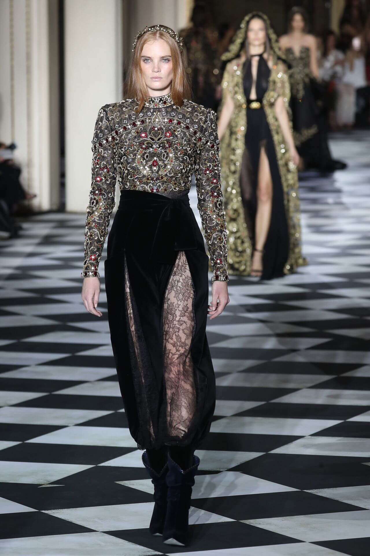 Alexina Graham  - In Full Sleeves Multicolor Work Design Outfits - Walking Zuhair Murad Show, PFW in Paris - 2