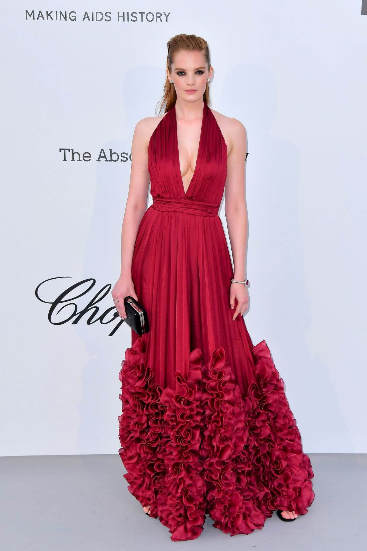 Alexina Graham – In Red  Flower Design Deep Neckline Long Gown -  amfAR Cannes Gala 2019