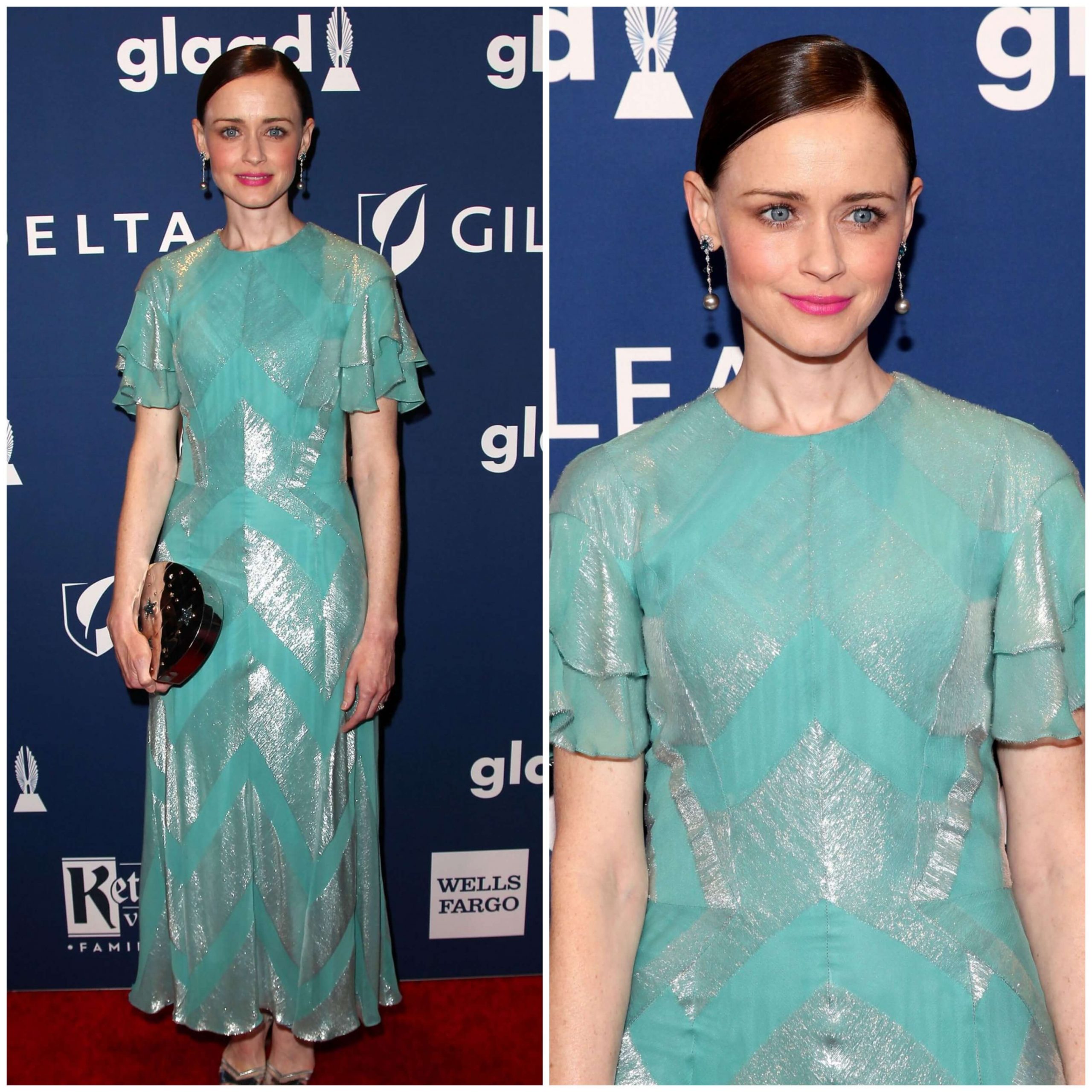 Alexis Bledel – In Green Ruffle Sleeves Long Gown -  2018 GLAAD Media Awards