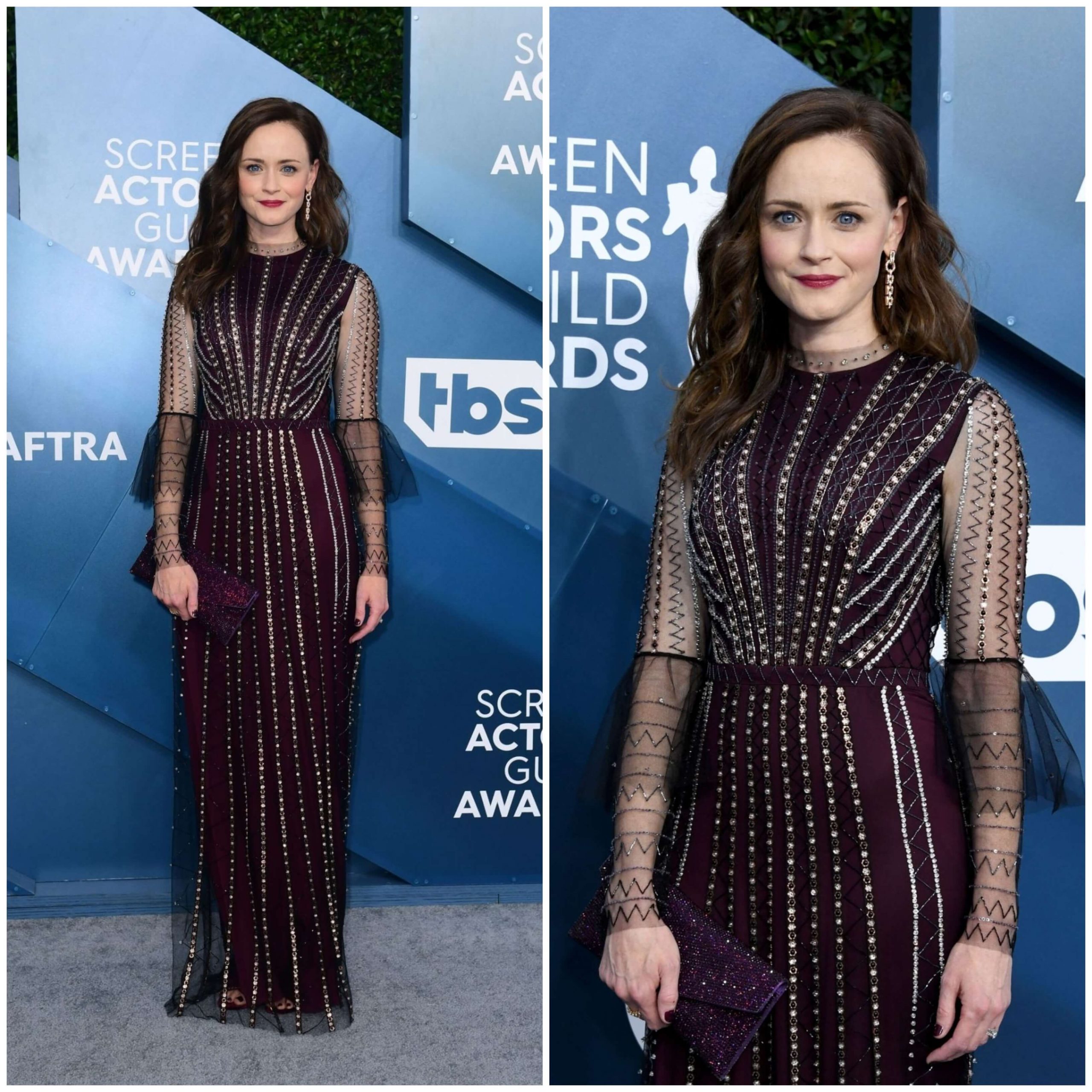 Alexis Bledel –In Dark Purple Net Flare Sleeves Golden Work Design Gown -  Screen Actors Guild Awards