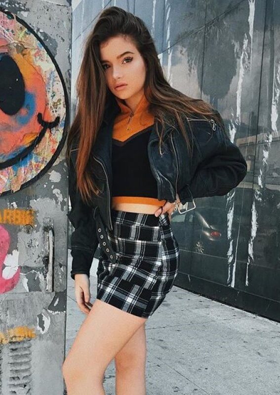 Alexis Jayde Burnett -In Denim Bomber Jacket & Checked Mini Skirt Outfit -  Photoshoot - 8