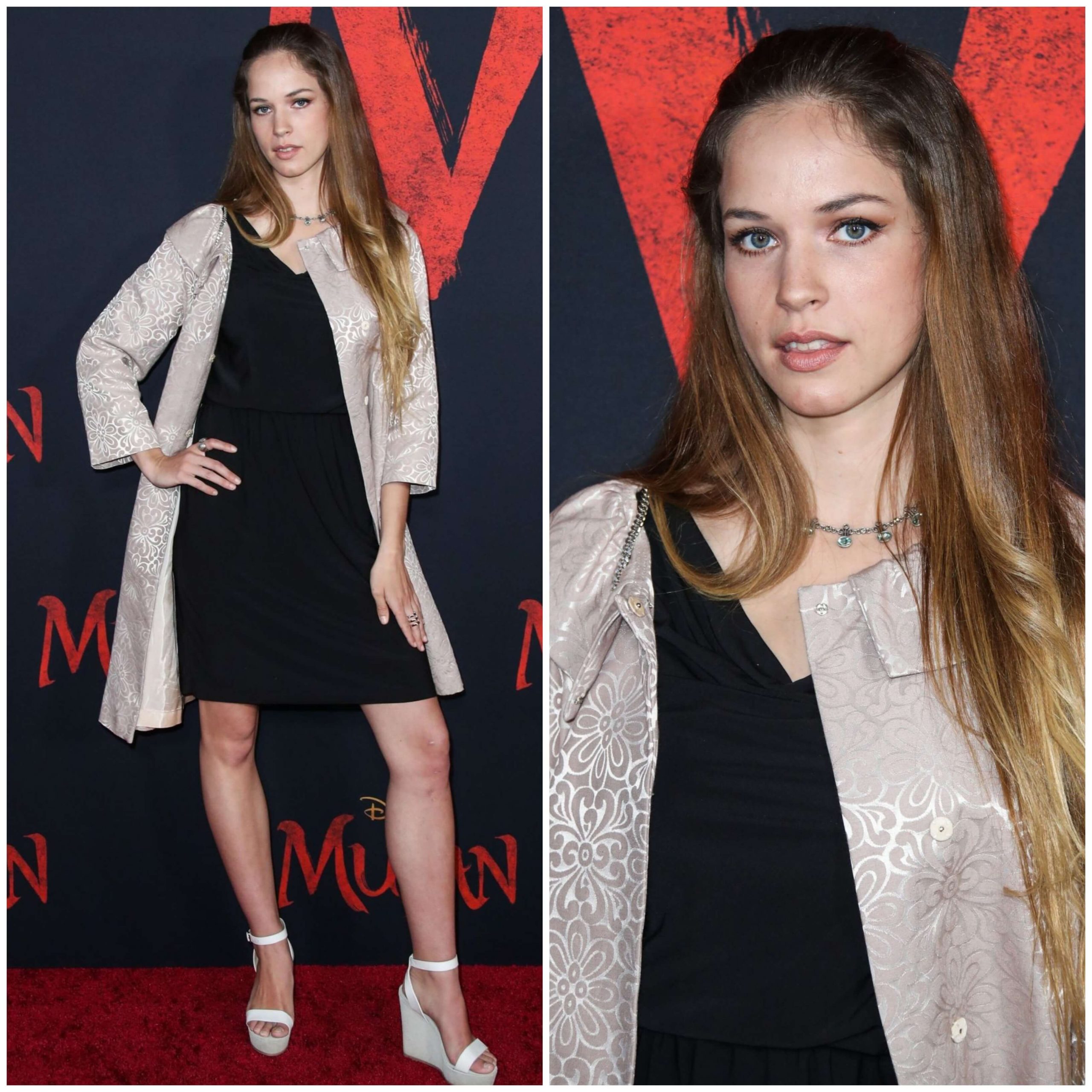 Alexis Knapp –In Off-White Printed Long Shrug & Black One-Piece - “Mulan” Premiere in Hollywood