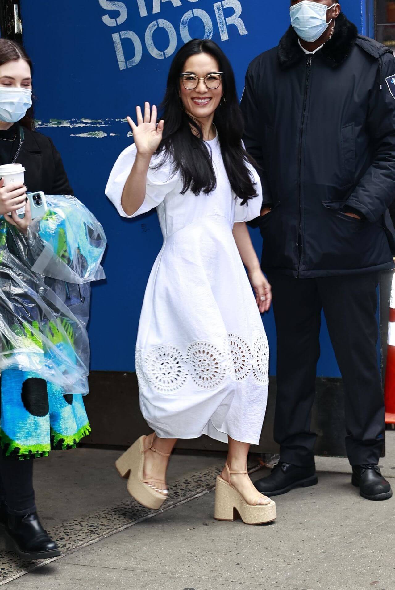 Ali Wong  - In A White Puffed Sleeves Long Dress and Platform Sandals At GMA Studios in NYC