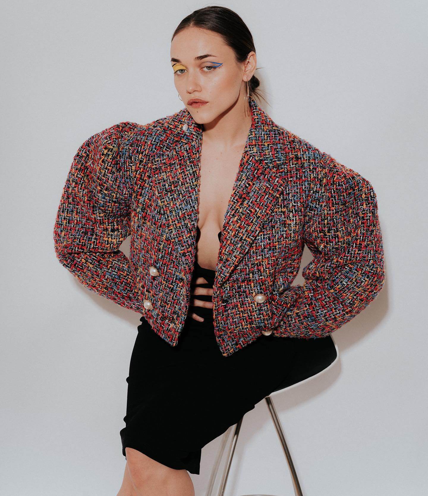 Alice Kremelberg In a Printed Baggy Jacket With Black Short Dress