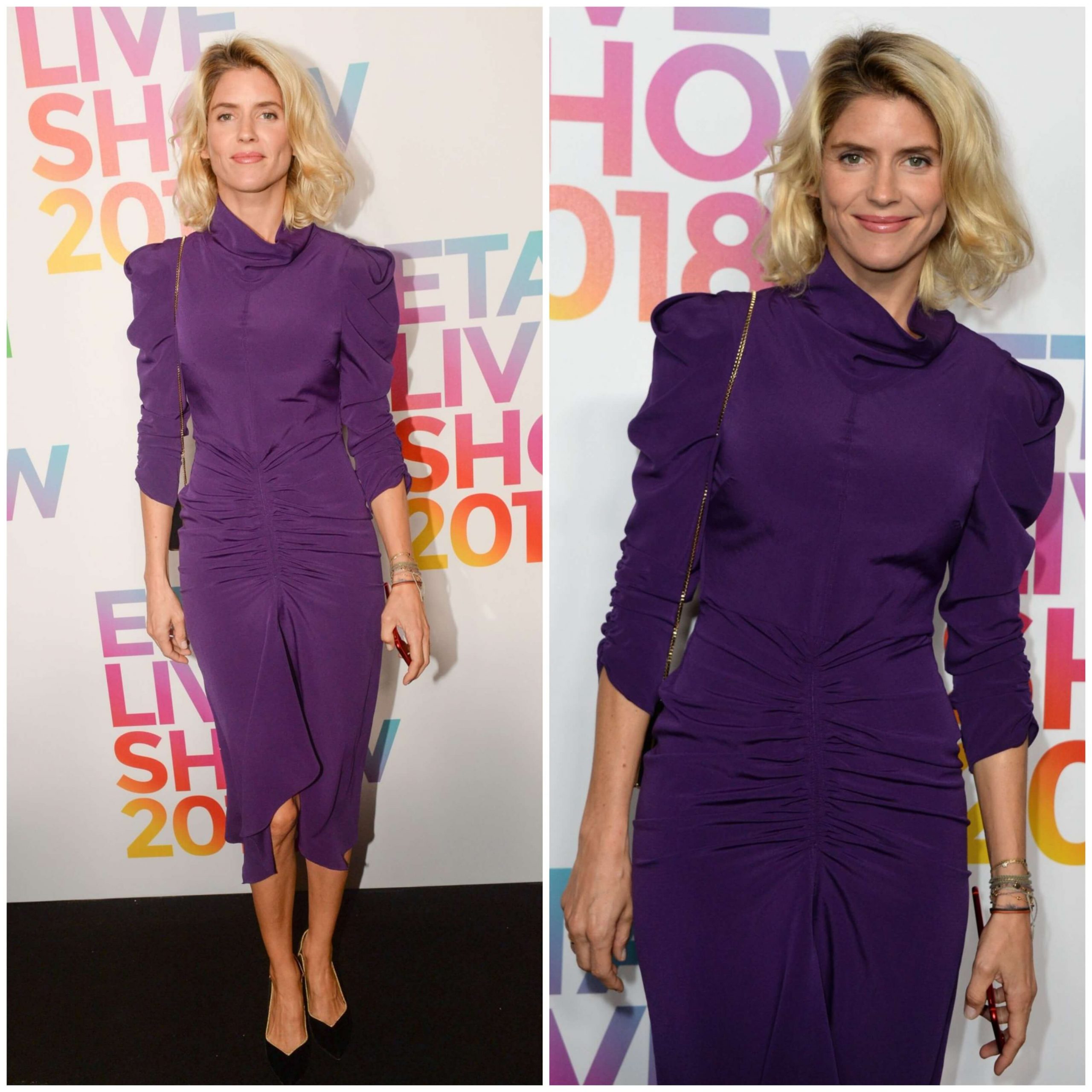 Alice Taglioni –  In A Purple Puffy Sleeves Long Dress - Etam Show at Paris Fashion Week