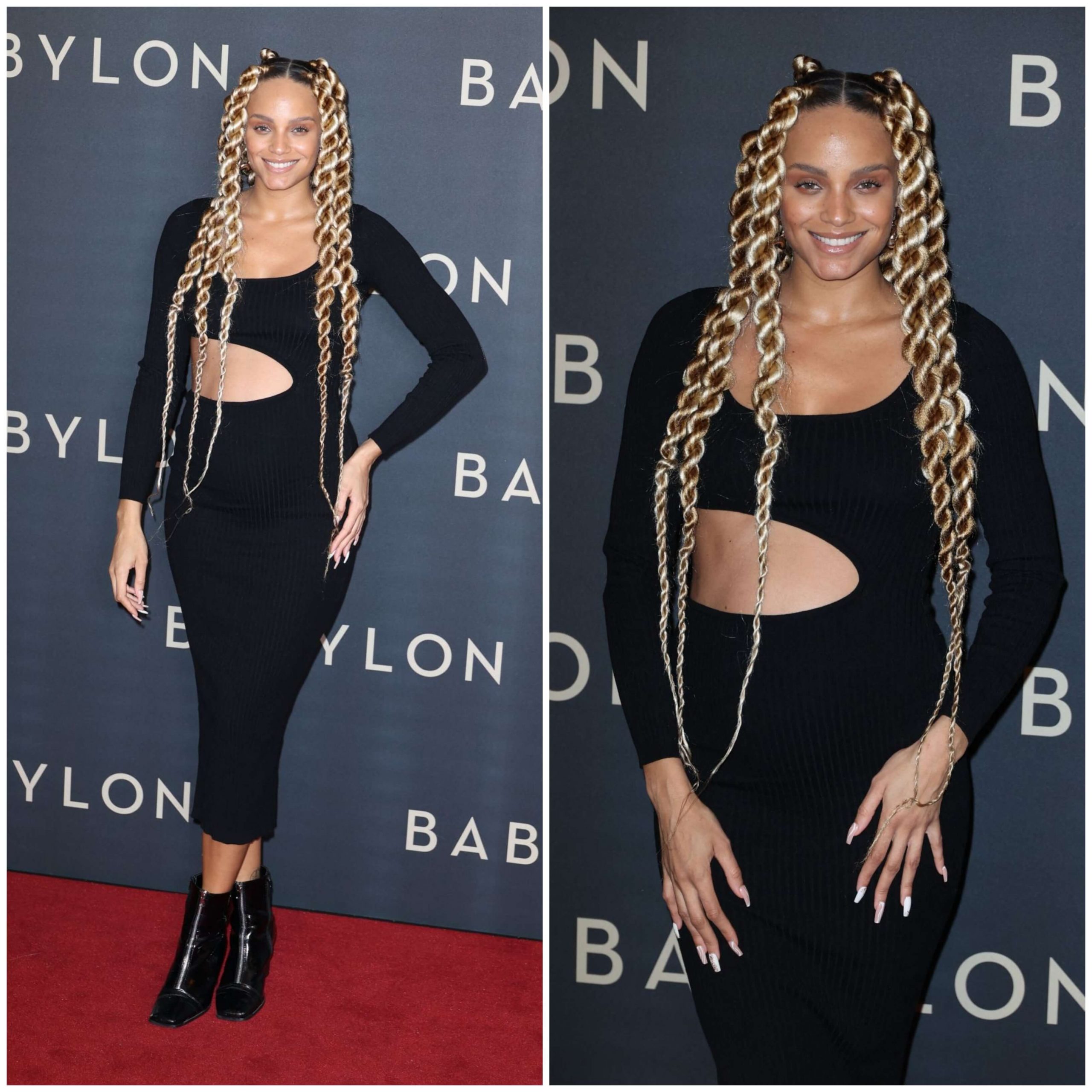 Alicia Aylies – In Black Cut Out Long Dress “Babylon” Premiere in Paris