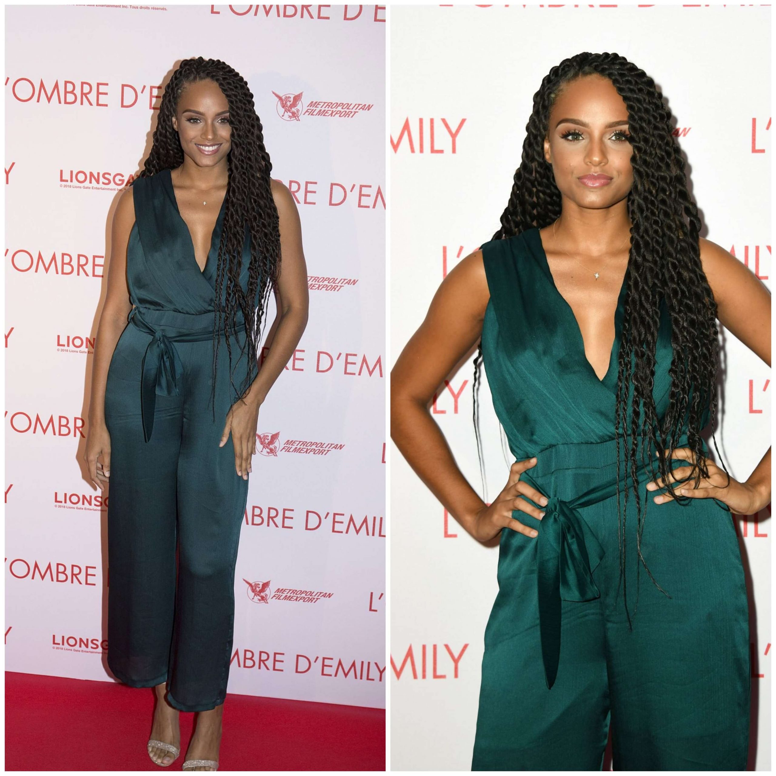 Alicia Aylies – Green Sleeveless Jumpsuits  - “A Simple Favor” Premiere in Paris