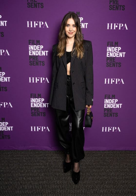 Alison Brie -  Bold Black Crop Top & Leather Jogger With Line Strip Blazer Outfits