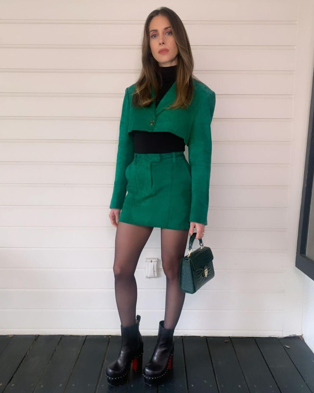 Alison Brie -  In Green  Full Sleeves Short Blazer & Mini Skirt With High Neck Top Outfits