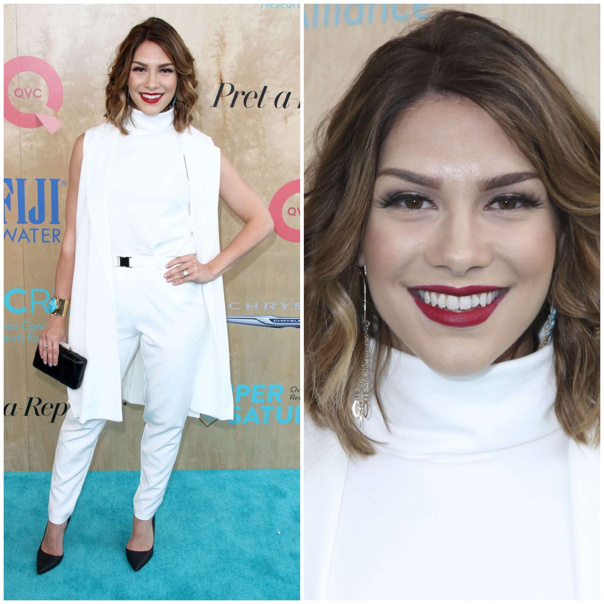 Allison Holker In White Sleeveless High Neck Top & Pants With Long Shrug