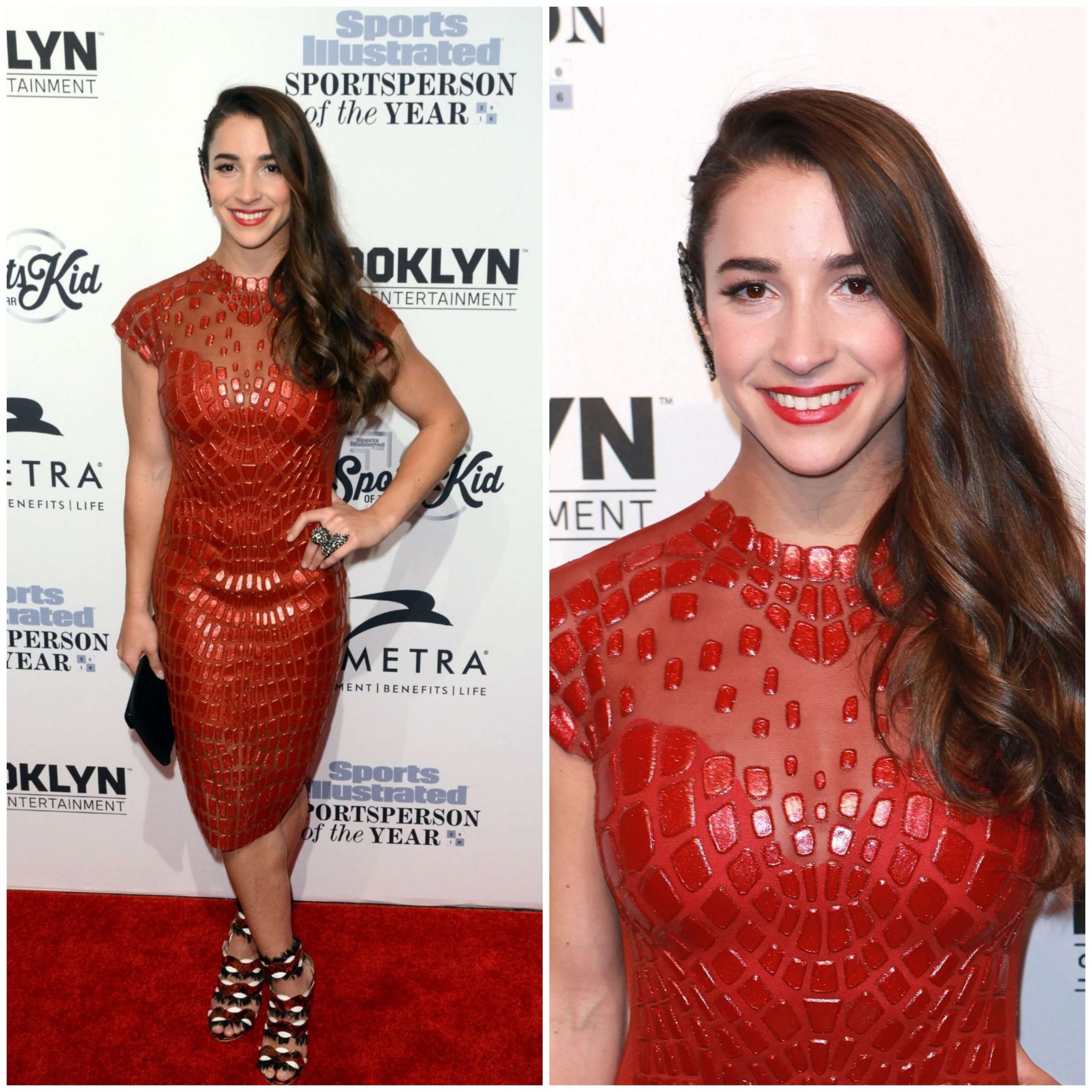 Aly Raisman - In Red Shiny Stone Material Work Half Sleeves Bodycon Dress