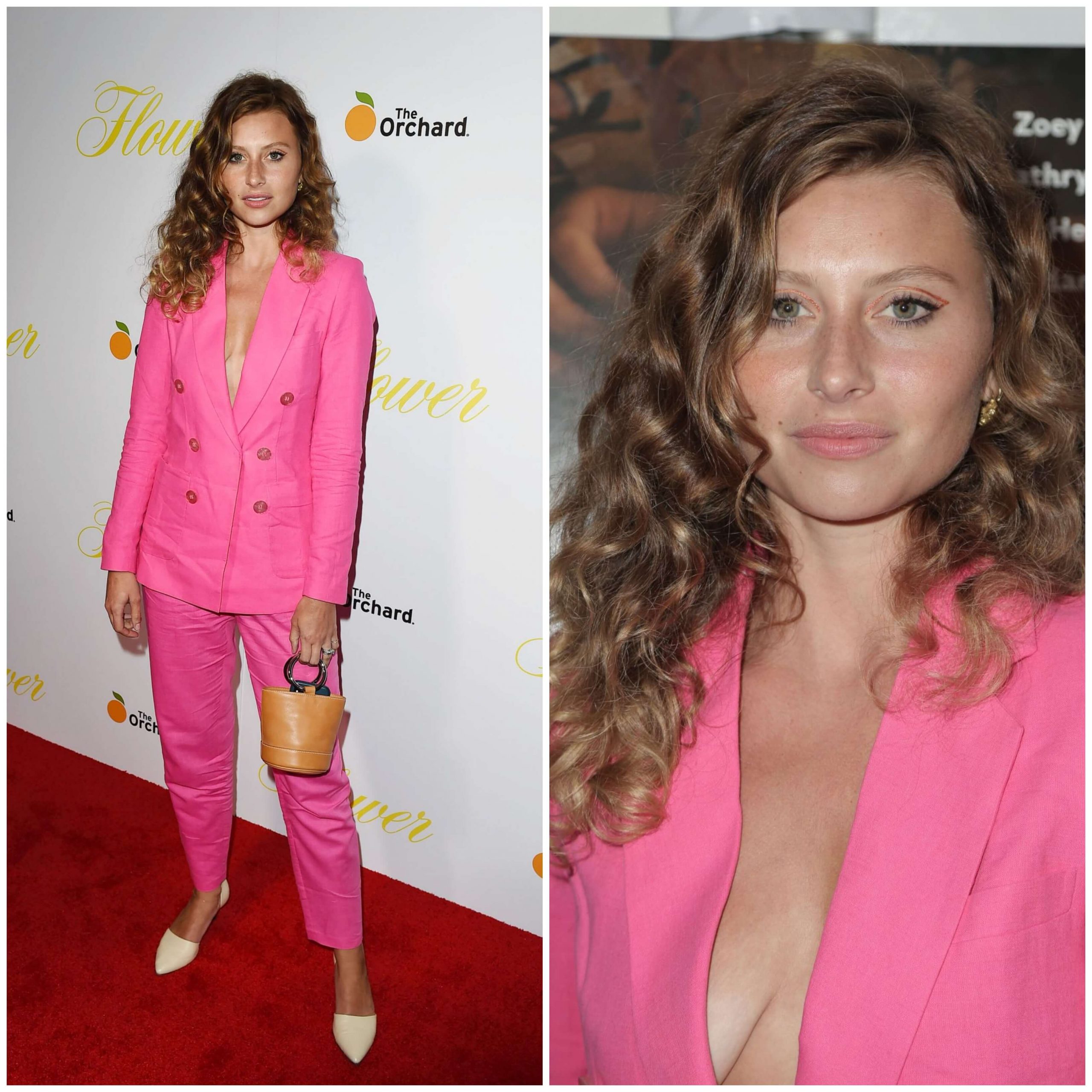 Alyson Aly Michalka - Bold In Pink Blazer & Pants Outfits With Brown Clutch