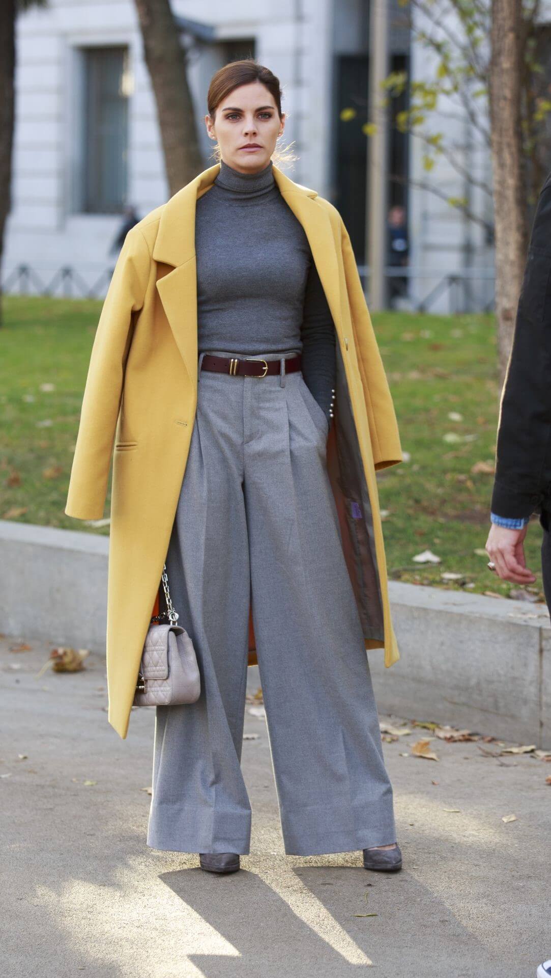 Amaia Salamanca – In Grey High Neck Top & Flare Pants With Yellow Long Blazer -  “Que te Juegas” Set in Madrid
