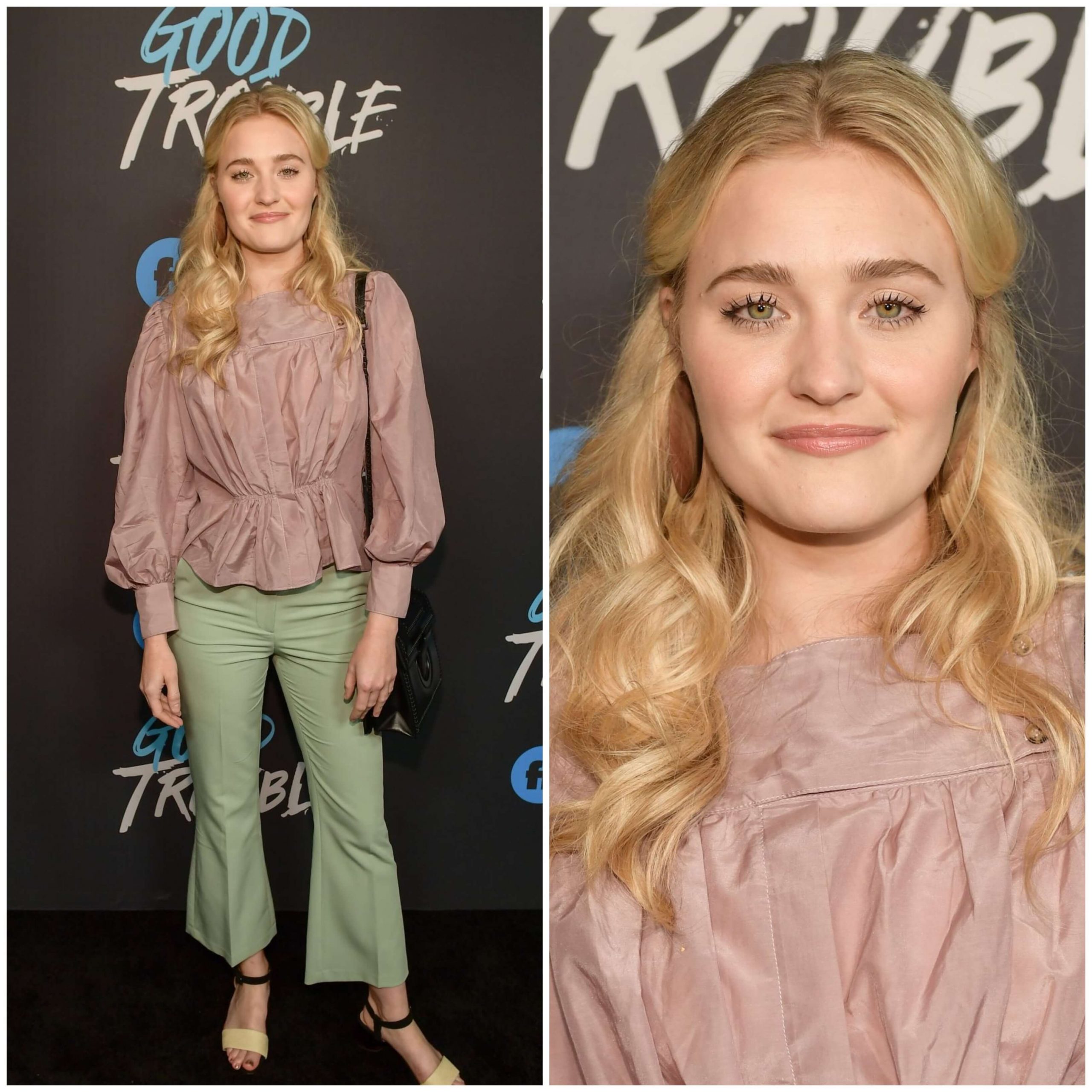Amanda AJ Michalka –  In Dusky Pink Puffed Sleeves Pleated Top With Flare Pants At“Good Trouble” Premiere in LA