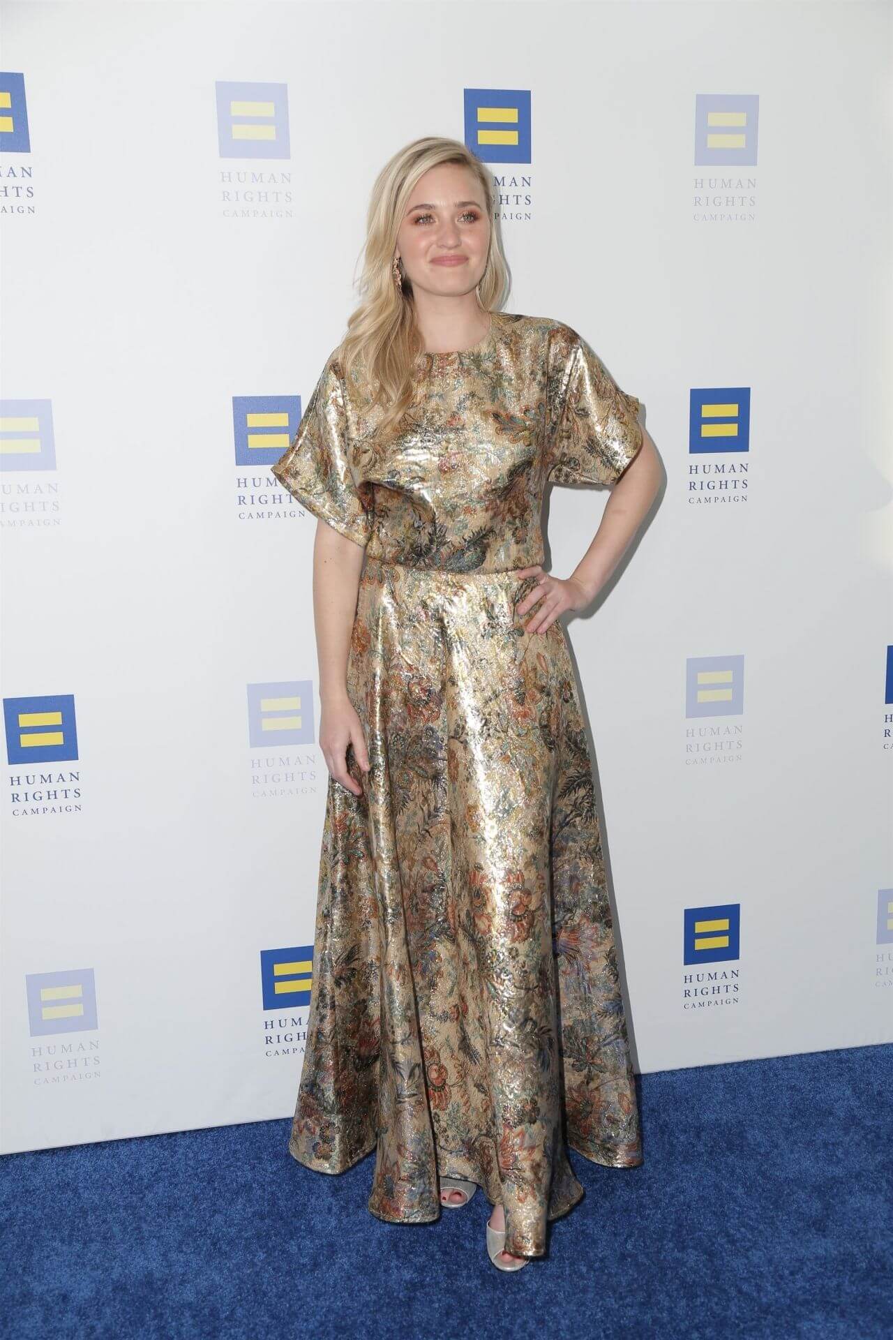 Amanda AJ Michalka In Golden shiny Flare Sleeves Printed Long Gown At The Human Rights Campaign Gala Dinner