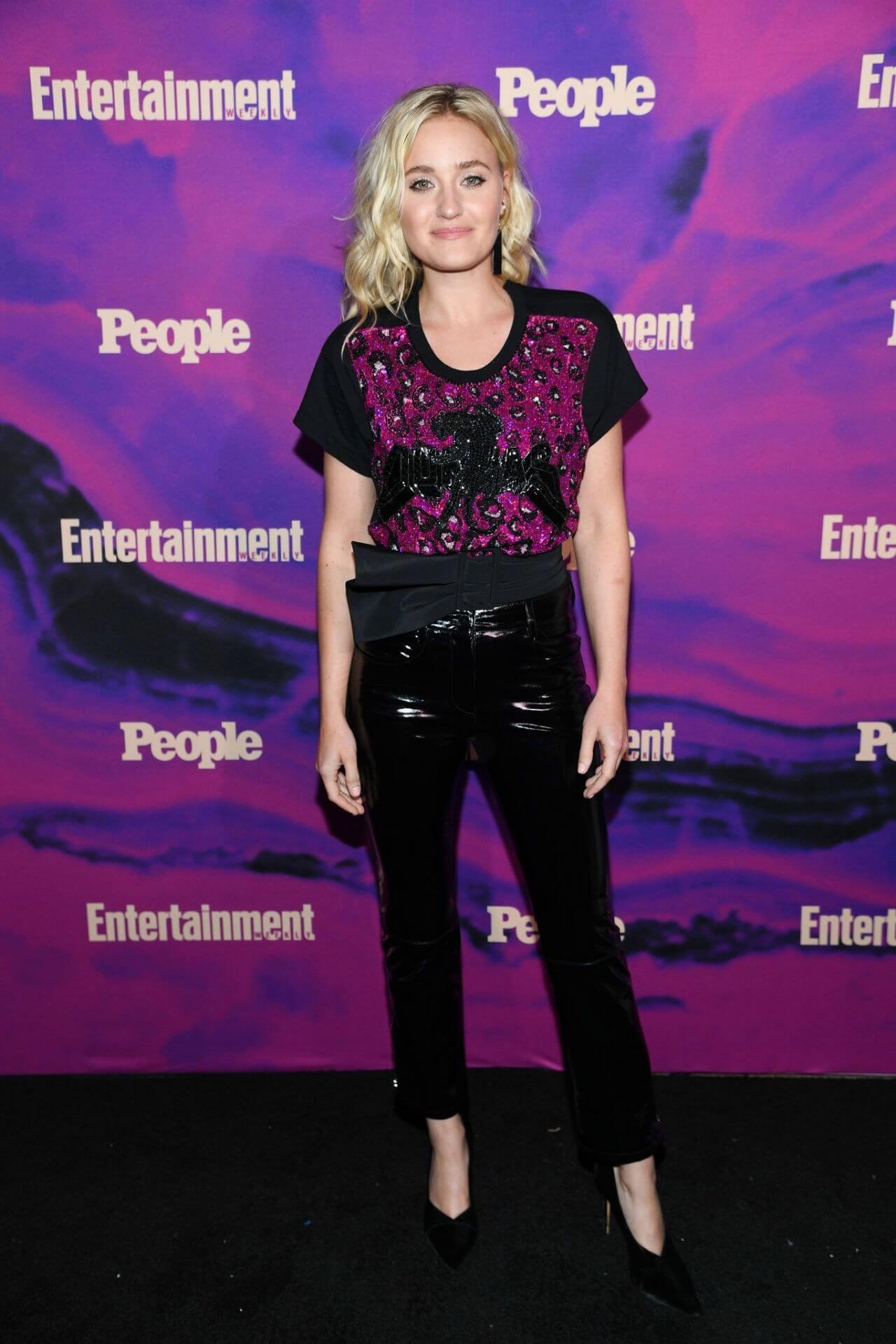 Amanda AJ Michalka –Lovely In Pink & Black Half Sleeves Top With Shiny Leather Pants At EW & People New York Upfronts Party
