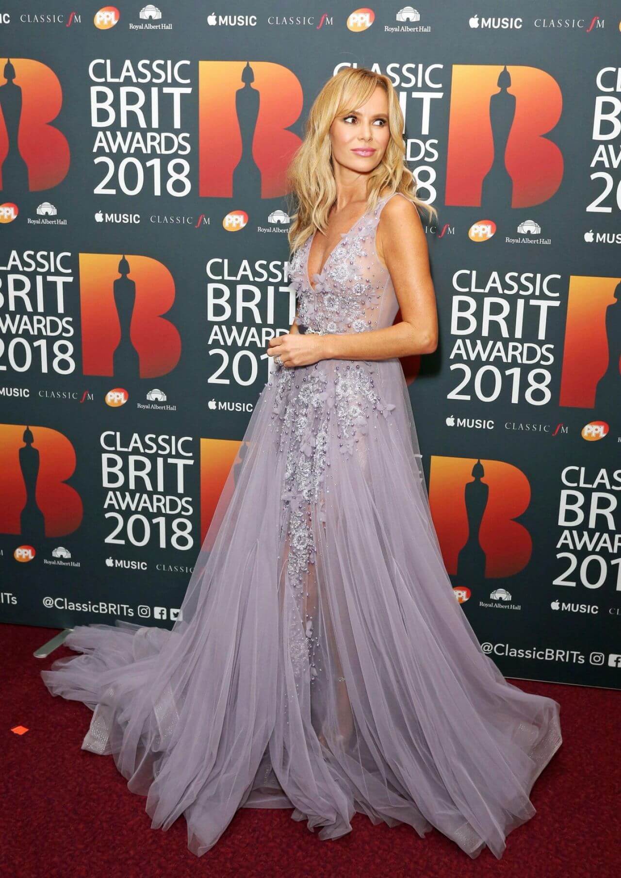 Amanda Holden In Flower Design Embroidery Net Sleeveless Long Flare Gown At  Brit Awards in London
