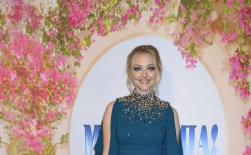 Amanda Seyfried In Blue Sequence Work High Neck Short Dress At “Mamma Mia! Here We Go Again” Premiere in Stockholm