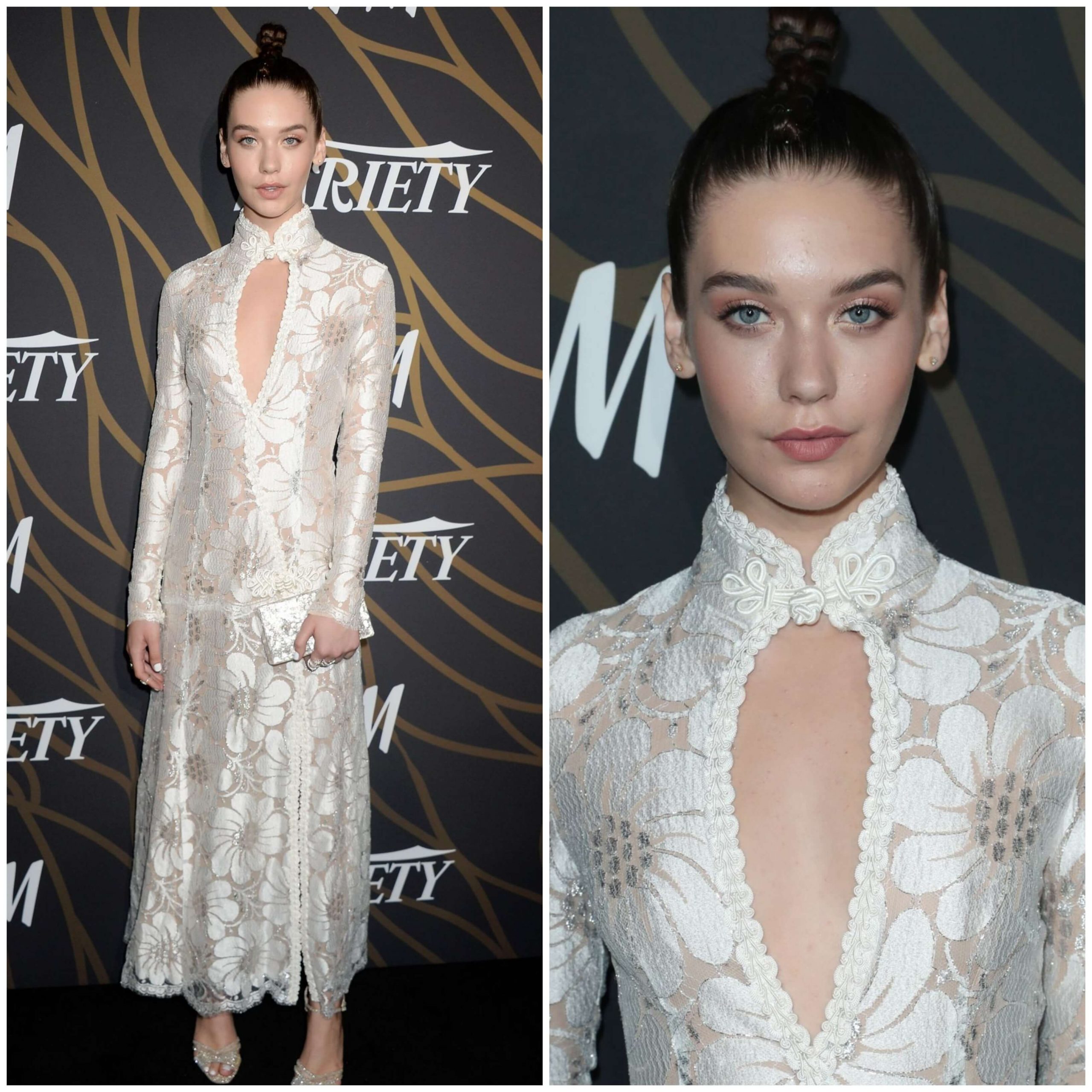 Amanda Steele  In White Floral Pattern Lace Design Halter Neck Long Dress At  Variety Power of Young Hollywood in LA