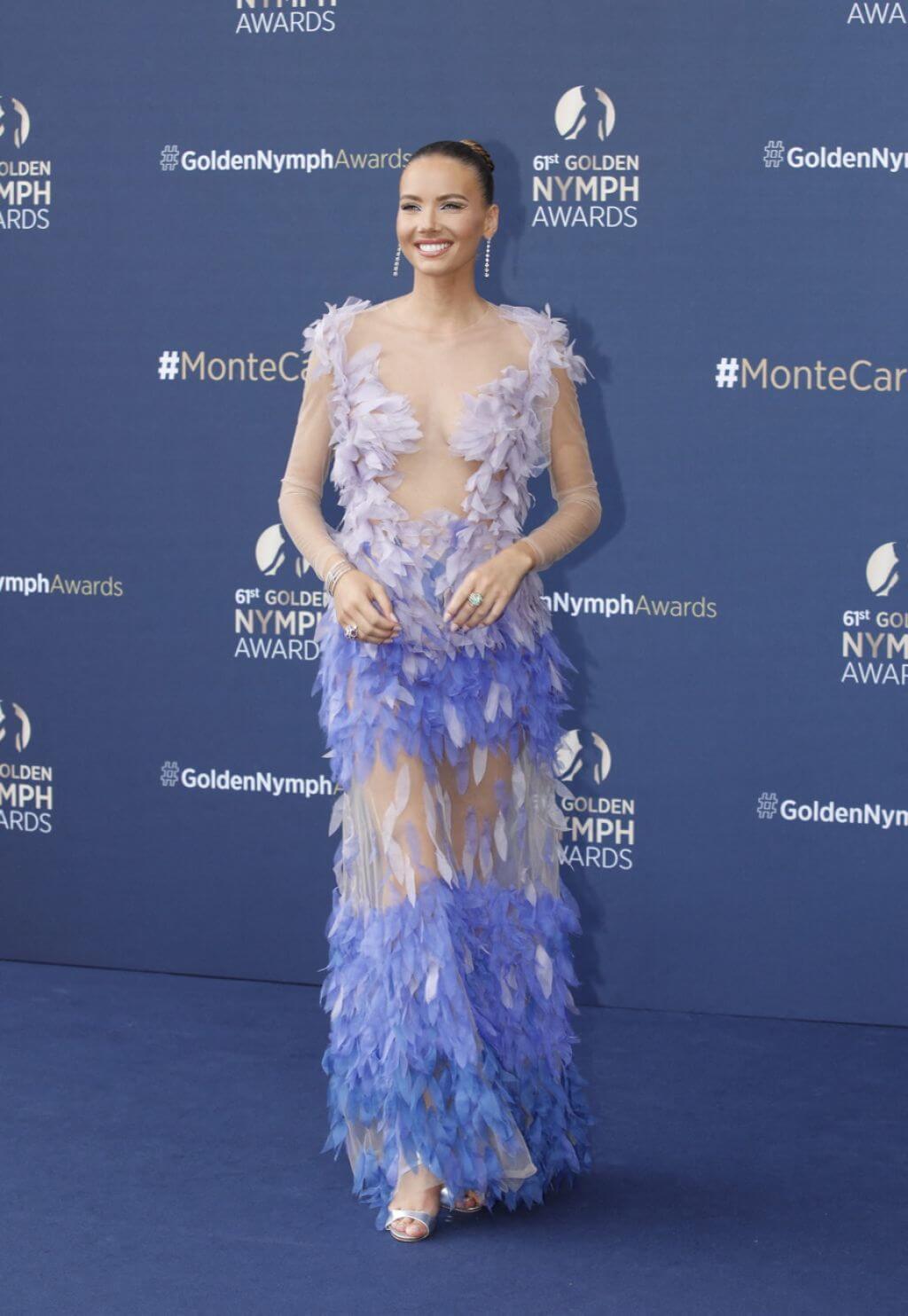 Amandine Petit In Feather Pattern Sleeveless Long Gown At 61st Monte Carlo TV Festival Closing Ceremony