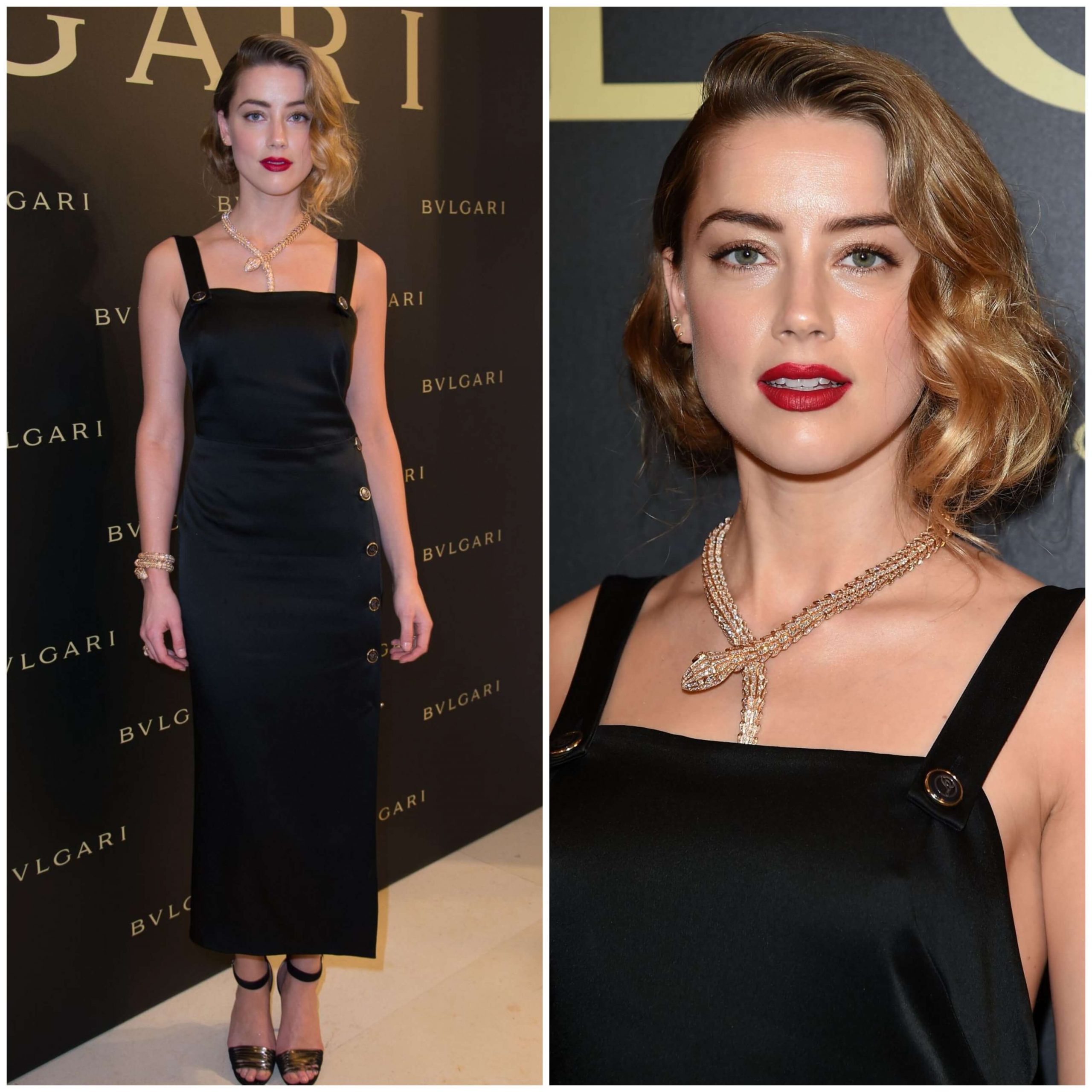 Amber Heard In Black Strap Sleeves Buttoned Long Dress At Bulgari Haute Couture Cocktail Party in Paris,