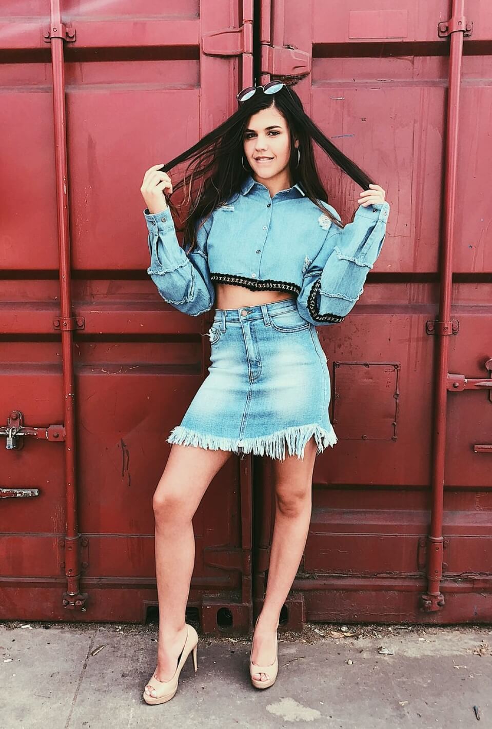 Amber Montana in  Blue Denim Crop Shirt  With Short Skirt