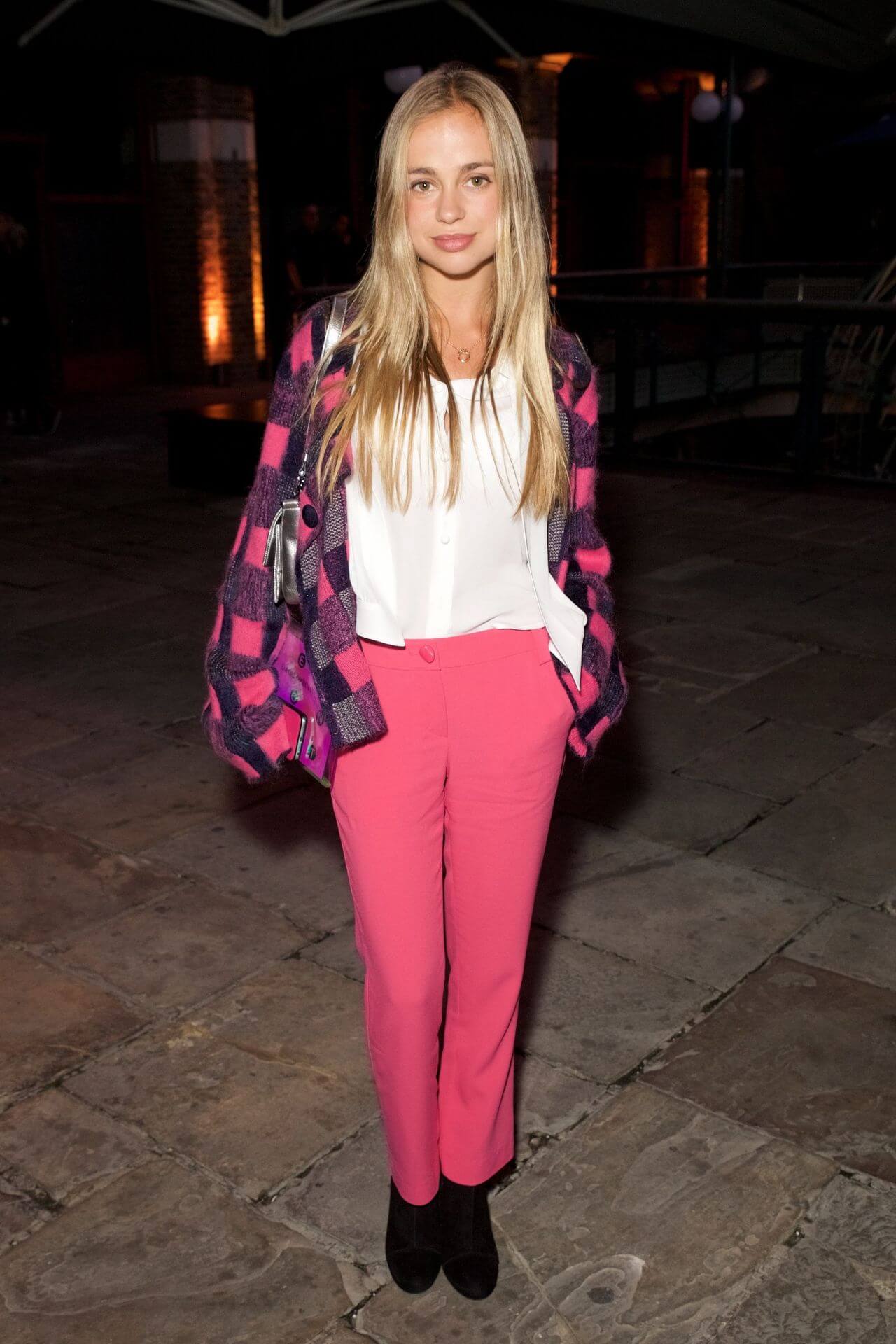 Amelia Windsor In White Top & Pink Pants with Checked Jacket At Emporio Armani Show in London