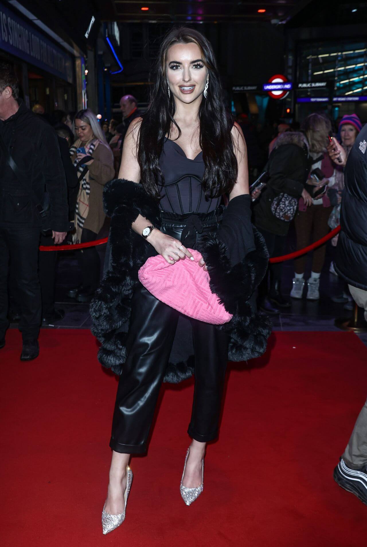 Amy Day In Black Bralette Top  & Leather Pants With Long Fur Jacket At“ELF”‘ The Musical Opening Night in London